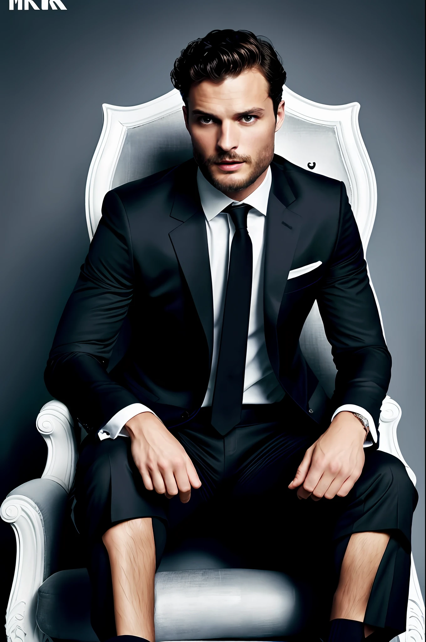 create a ceo wearing black suit without tie), sitting on a throne, Jamie Dornan, (Moreno with symmetrical model face), wearing thin beard, dark short hair, magazine cover style, man similar to actor jamie dornan, (high quality and realistic image), black dark background, cinematic style, ((Best quality, 8k, Masterpiece).