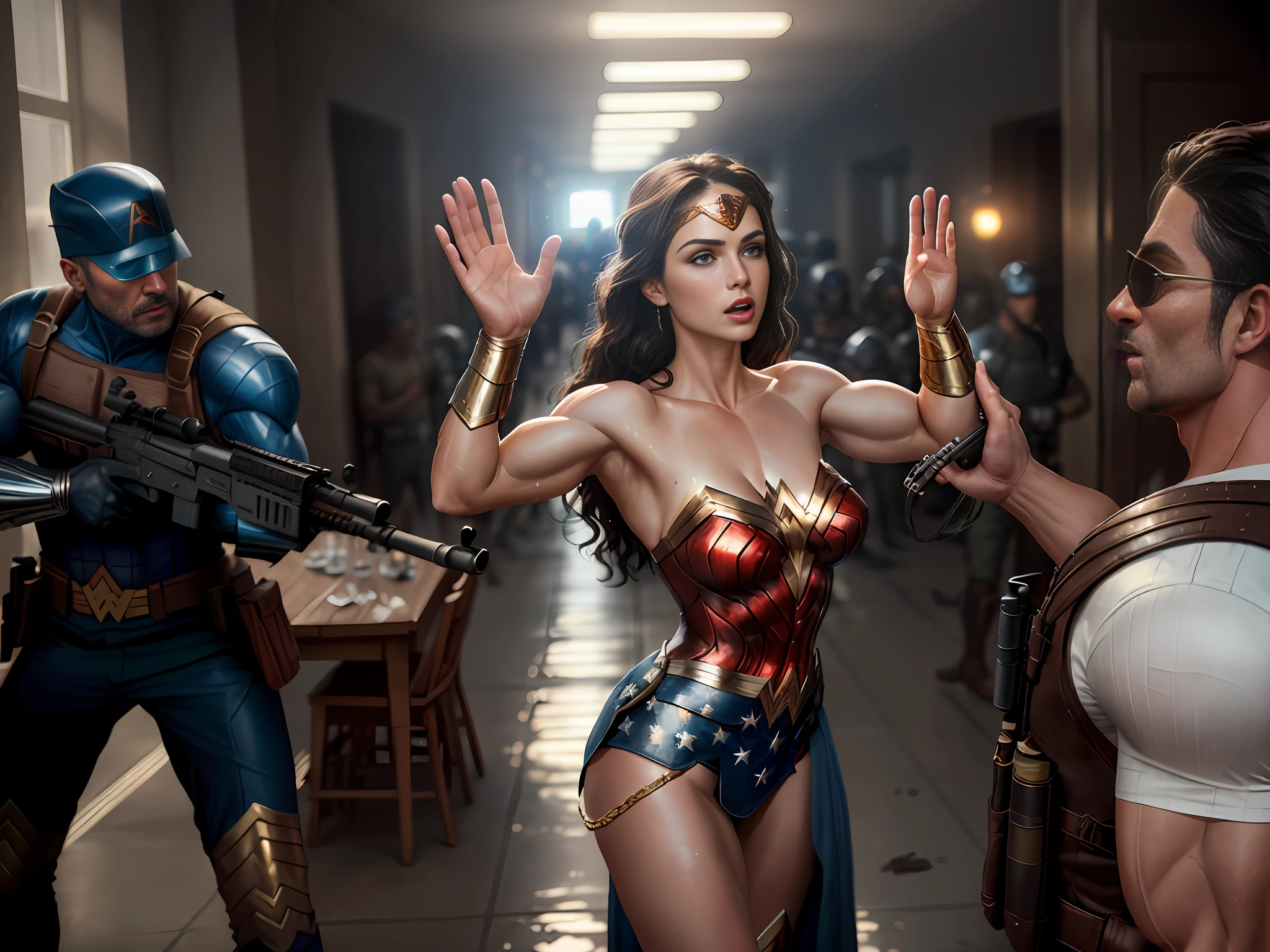 Wonder Woman standing next to a man, the man is wearing sunglasses, a white shirt and a bulletproof vest and holds Wonder Woman's gold belt in his right hand, Wonder Woman is in a surrender position with her arms raised and her palms outstretched, behind Wonder Woman is a man with his face covered by a mask holding an AK-47, in the background another man is standing with a gun with his face covered by a mask, portrait of Wonder Woman, mouth open, surprised, breathing heavily, looking at the man in front of him, (intricate details, makeup), (delicate and beautiful delicate face, delicate and beautiful delicate eyes, perfectly proportioned face), (realistically moist skin: 1.2), (drenched body: 1.2), (wet skin), wet hair, delicate skin, strong and realistic blue eyes, realistic black hair, lips, makeup, natural skin texture, tiara, leotard, bulletproof gauntlets, red boots, slightly sunburned skin tone, mature, sexy, elastic muscles, (muscles:1.2), (((stronger) and healthier body)), ((((more) muscles))), long legs, curves, (big breasts: 1.3), thin waist, soft waist, (delicate skin), (beautiful and sexy woman), (swollen lips: 0.9), (eyelashes: 1.2), very delicate muscle definition,heroic action pose, depth of field, ((top quality)), (8k, very detailed, full-length frame, high-detail RAW color art, masterpiece: 1.2), (realistic and realistic photo: 1.37), cinematic lighting rendering, Photon mapping, physics-based rendering,