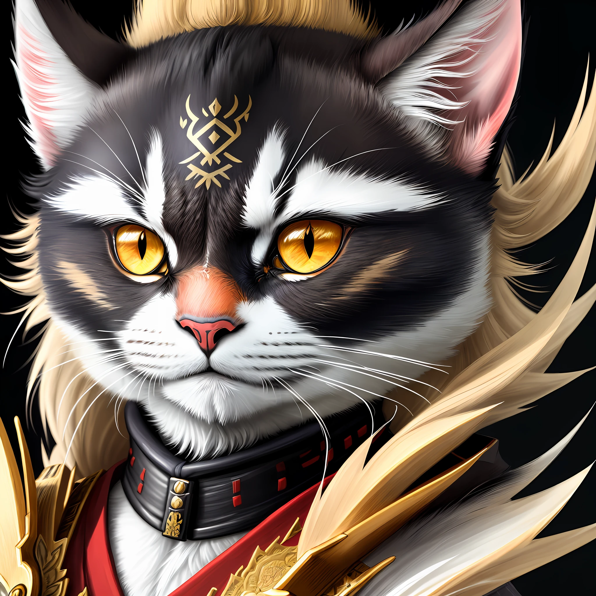 a closeup of a samurai cat with a dripping paint effect, samurai cat head, cat, a samurai cat, art by alessandro pautasso, aves f cgsociety, by Galen Dara, on detailed art, falvie, detailed portrait, highly detailed colors, highly detailed art, detailed realistic colors, head of an eagle, highly detailed digital art