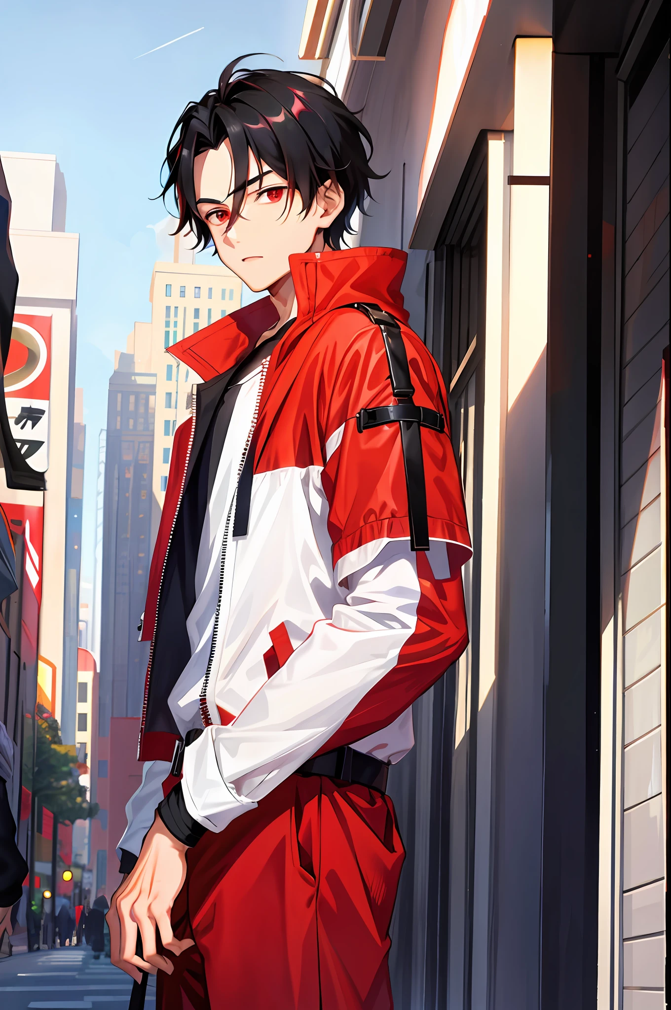 1 boy, handsome boy, black hair, comma hair, forehead comma hair, street style,, shiny, Red eyes, looking at viewer, upper body,  megazine cover
