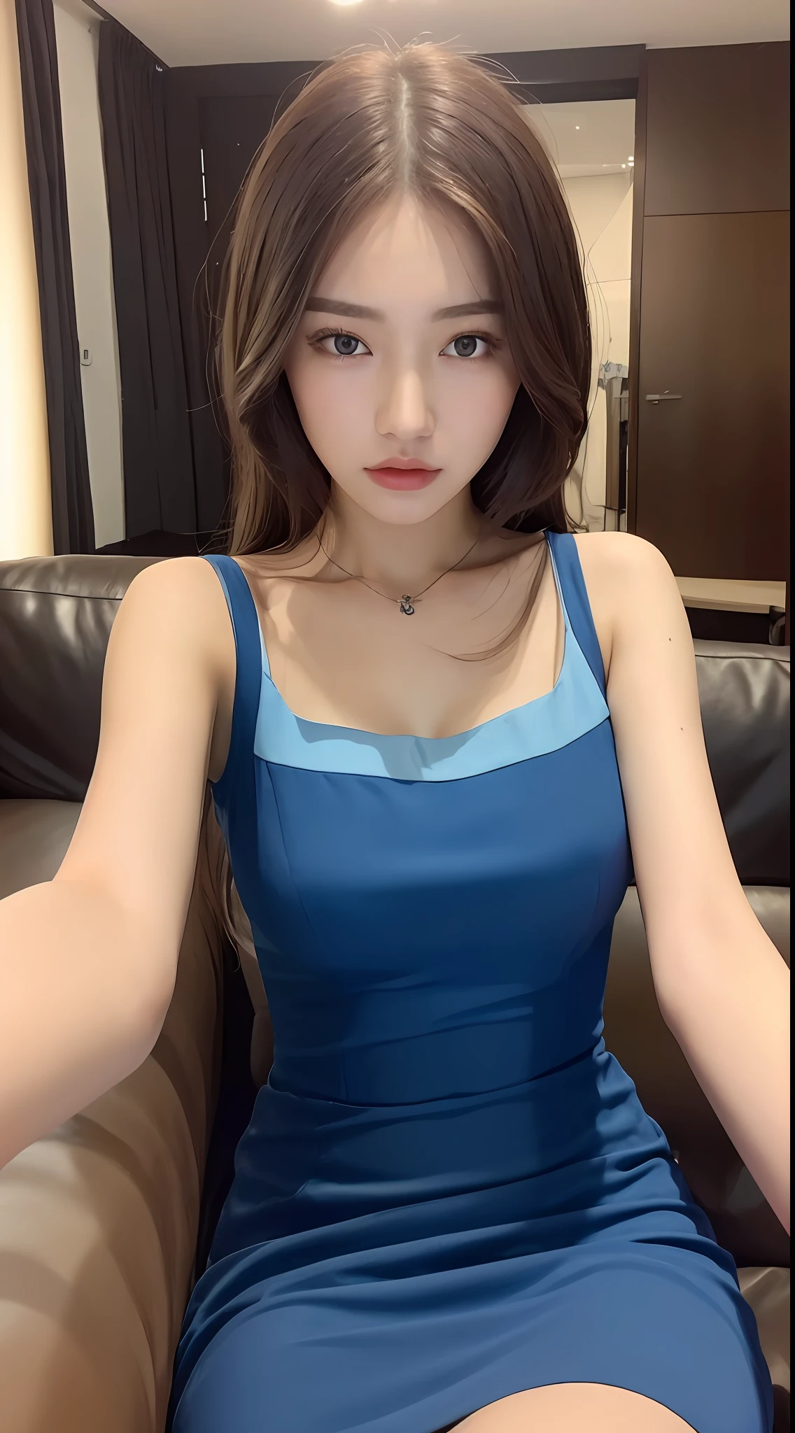 ((Best quality, 8k, Masterpiece :1.3)), 1girl, Pretty woman in braless blue dress, (Dark brown hair), Bule full length dress :1.1, Sofa, Ultra-detailed face, Detailed eyes, Double eyelid, furniture, room