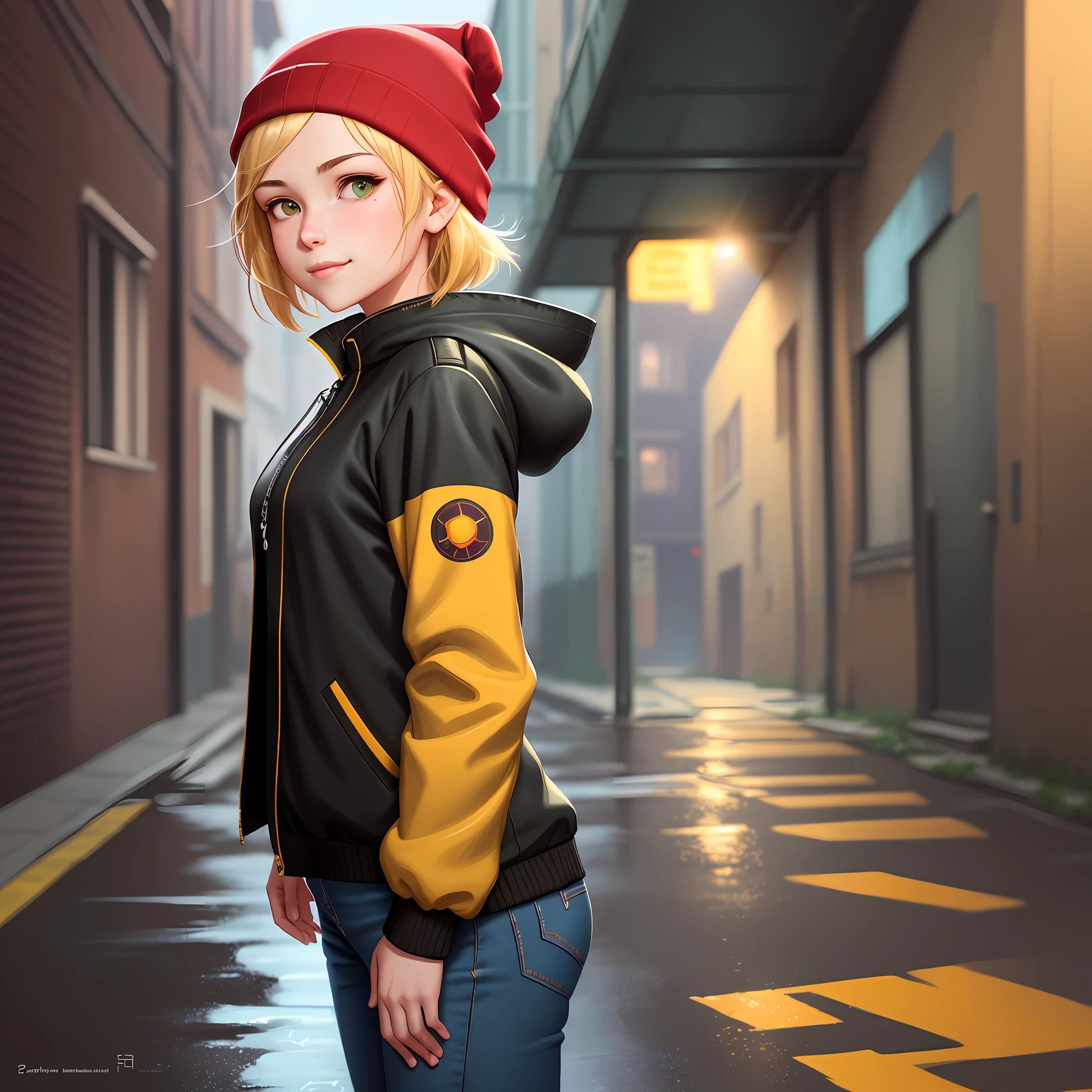 Middle portrait, a detailed portrait of a beautiful girl with blonde hair, low angle, short hair, wearing a red beanie, wearing a yellow jacket, black collar, green eyes, mischievous smile, seductive look, (neck tattoos: 1.1), masterpiece, high quality, artgerm art, sakimichan, Taejune Kim, pixiv, krenz cushart, ilya kuvshinov, Goro Fujita, Cyril Rolando, saturated colors, (masterpiece, top quality, best quality), realistic alley, wet floor, left brick wall, vibrant colors, 8k, irreal engine 5, artstation
