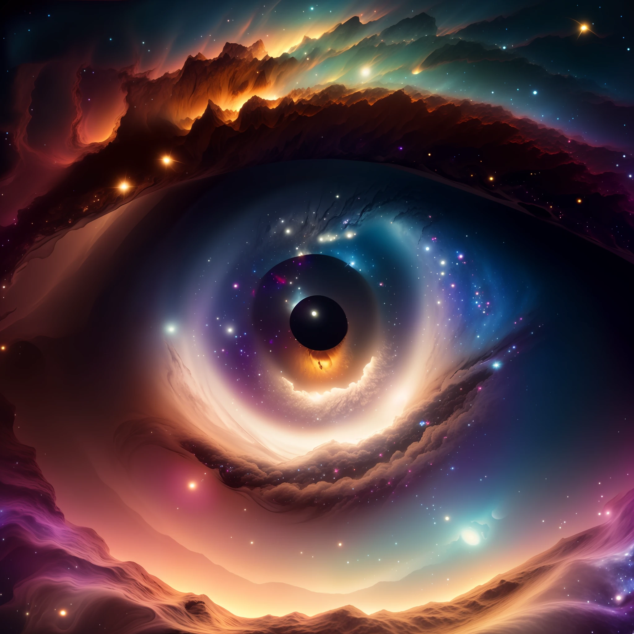 masterpiece, sharp, ultra detailed, 8k,an eyes made by milky way, the midle of the eye is a black hole,( human eye shape), ((soft dimmed light)), angle view, best quality, dimmed, (high detailed background:1.2),8k uhd, dslr, soft lighting, high quality, film grain, Fujifilm XT3, intricate detail,