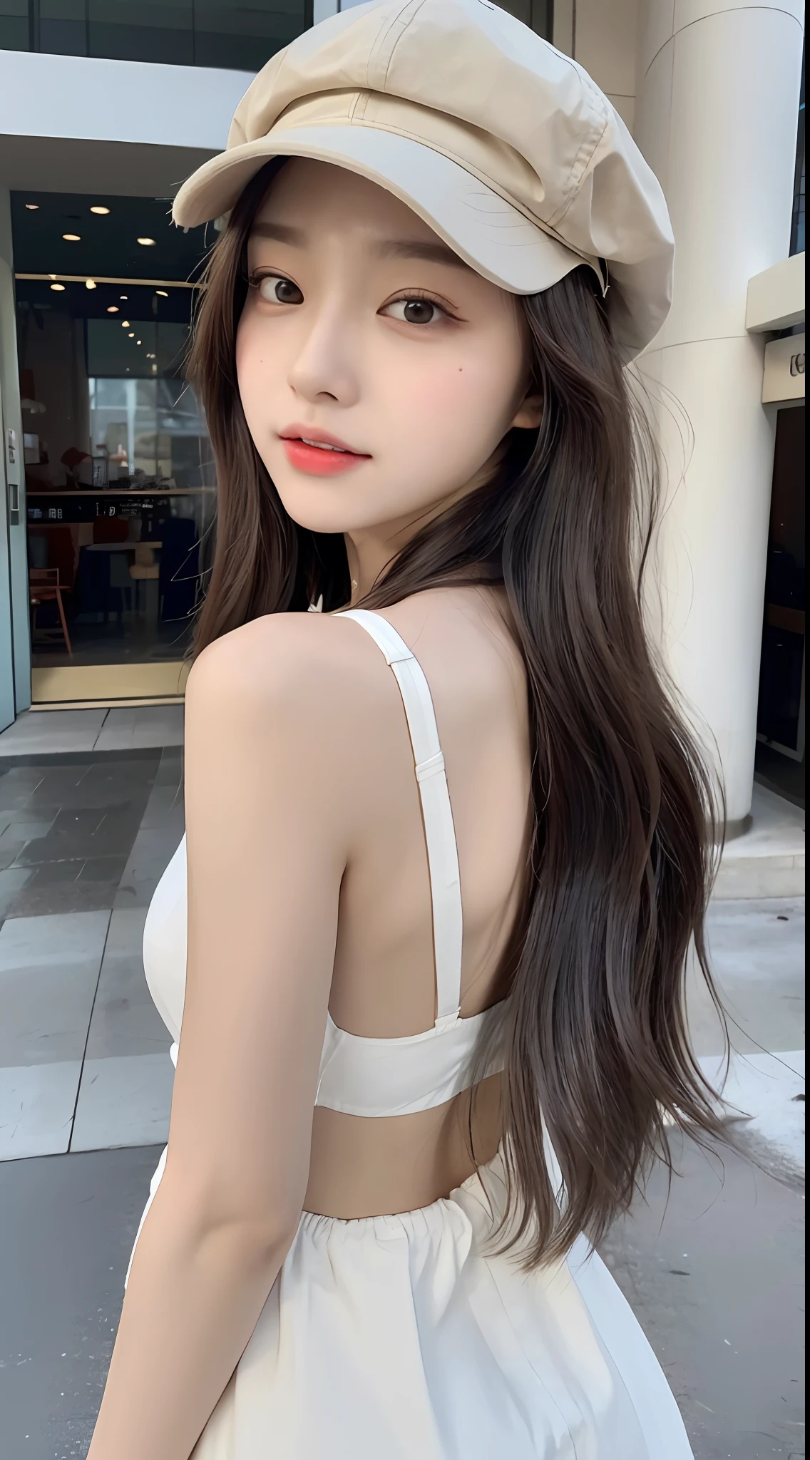 ((Best Quality, 8K, Masterpiece: 1.3)), (Uniform: 1.5), (Newsboy Hat: 1.3), Focus: 1.2, Perfect Body Beauty: 1.4, Buttocks: 1.2, (Layered Haircut: 1.2)), , (Street: 1.3), Highly detailed face and skin texture, Full body, delicate eyes, Double eyelids, whitening skin, long hair, (round face: 1.5),