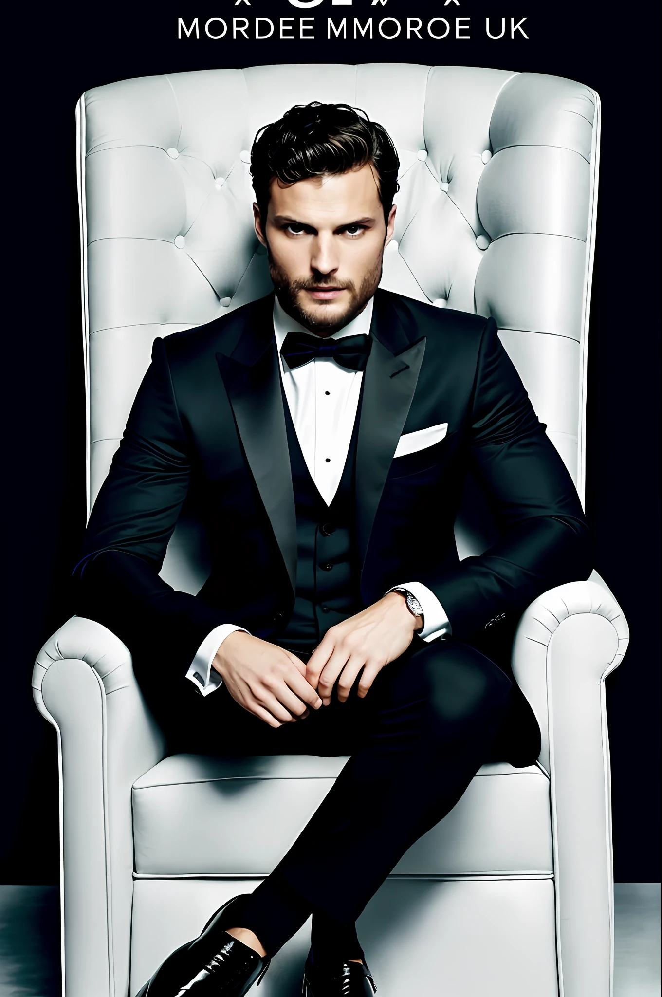 create a ceo wearing black suit without tie), looking at the center of the image, sitting on a throne, Jamie Dornan, (Moreno with symmetrical model face), wearing thin beard, dark short hair, magazine cover style, man similar to actor jamie dornan, (high quality and realistic image), black dark background, cinematic style, ((Best quality, 8k, Masterpiece).