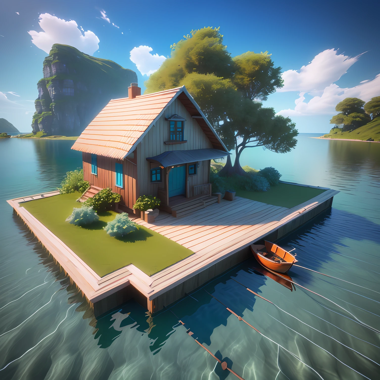 there is a small island with a house and a boat in the water, realistic 3 d style, gorgeous 3d render, in the art style of filip hodas, stylized 3d render, beautiful 3d render, 3 d render beeple, stunning 3 d render, stunning 3d render, stylized as a 3d render