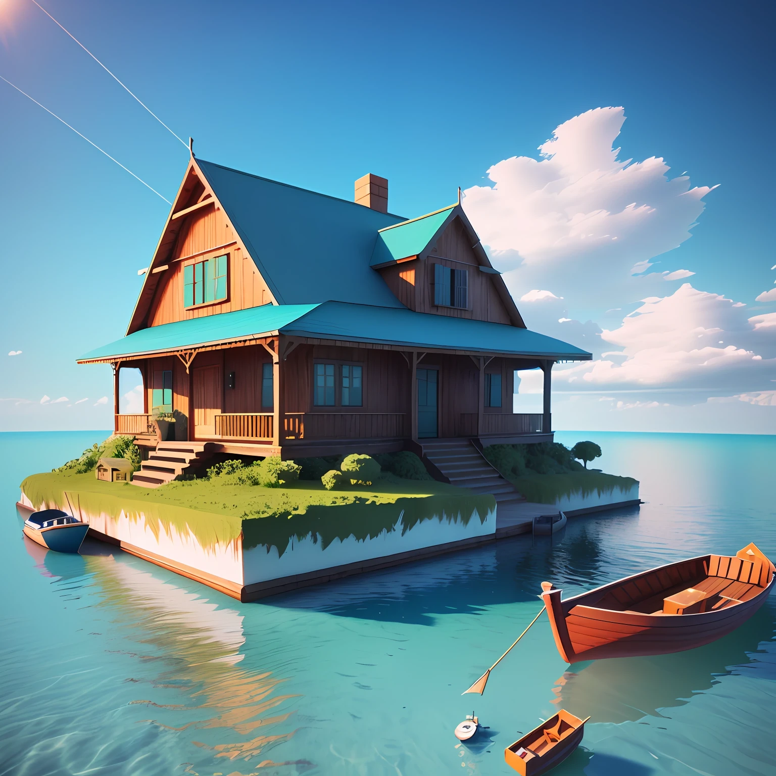 there is a small island with a house and a boat in the water, realistic 3 d style, gorgeous 3d render, in the art style of filip hodas, stylized 3d render, beautiful 3d render, 3 d render beeple, stunning 3 d render, stunning 3d render, stylized as a 3d render