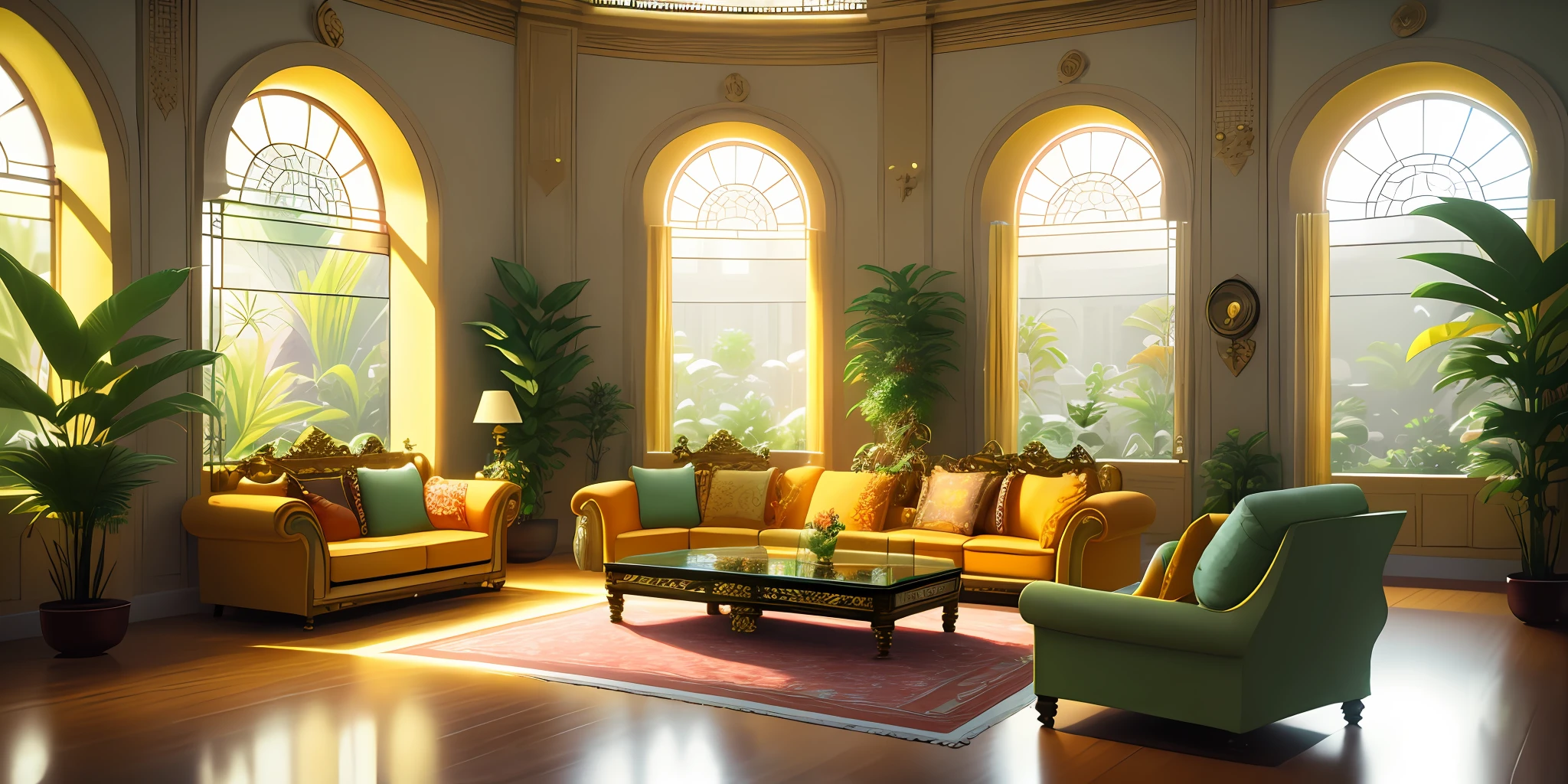 Living room, spacious comfortable sofa, large LED TV, large ornate glass window, ornaments, golden, many plants, hanging plants, tropical plants, pastel orange walls, dynamic light, 8K, masterpiece, ultra detailed, beautiful.