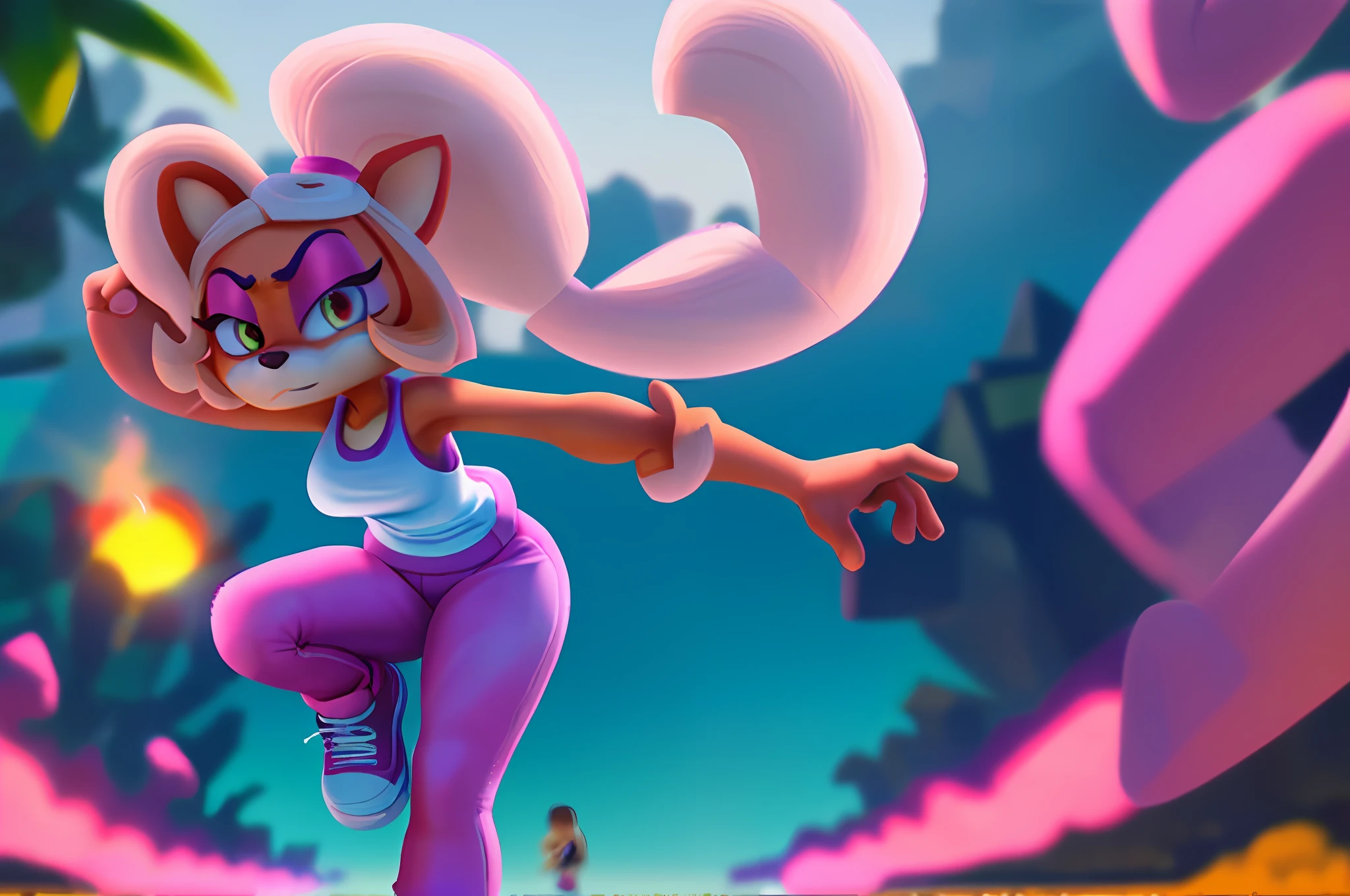 coco bandicoot, gynomorph, jogging solo, dynamic active running pose, focused, running towards the camera, in a park and next to a lake, white tank top, pink yoga pants, pink running shoes, ponytail, pink flower in hair, sunrise in background, looking ahead