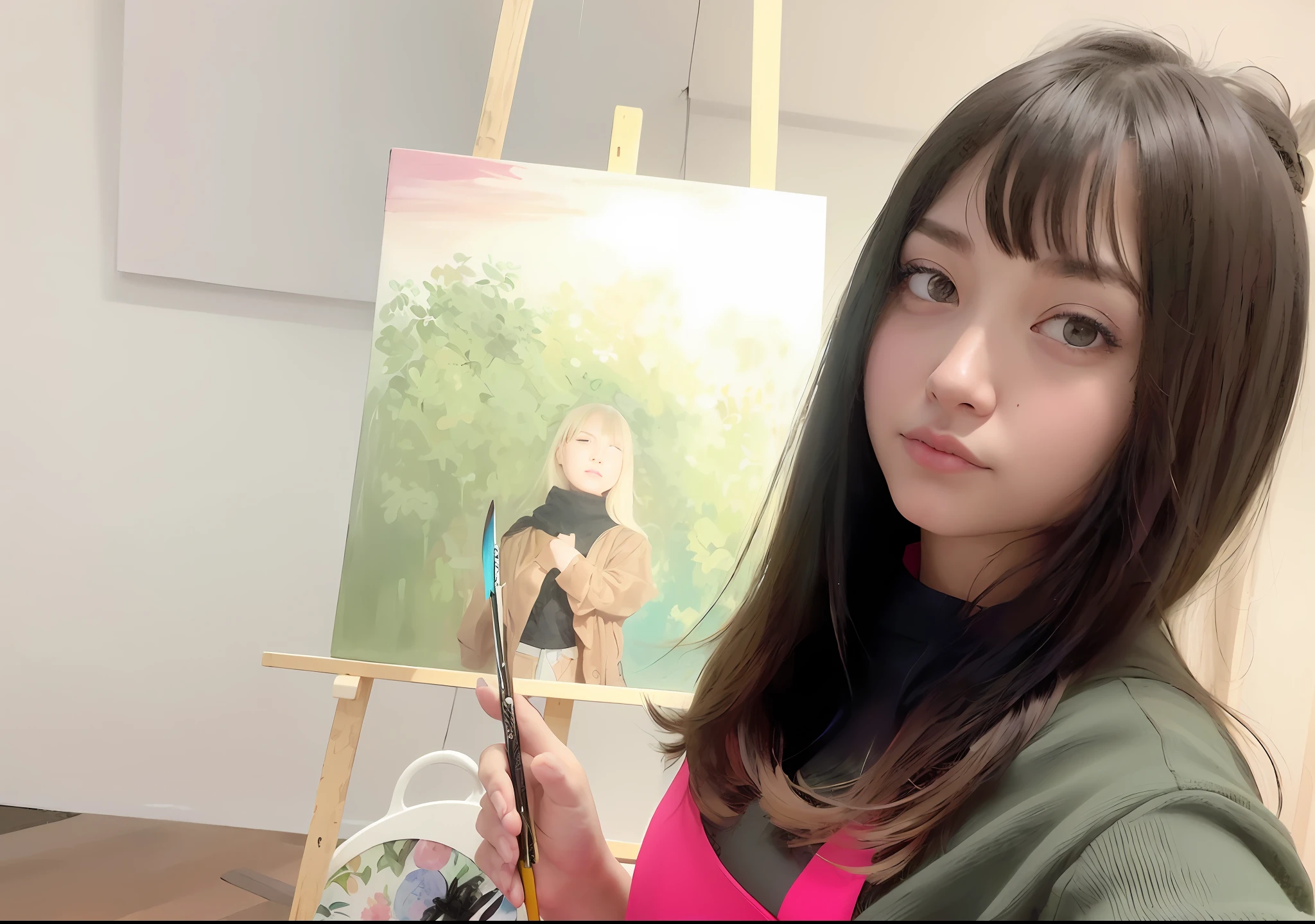there is a woman holding a pair of scissors in front of a painting, solo portrait 🎨🖌️, painting, painting, [ oil painting ]!!, realistic cute girl painting, painted in anime painter studio, chinese artist, smooth draw with oil painting, anime painting, random artist, painting art, japanese anime artist drawn, thick painting, ✏️🎨