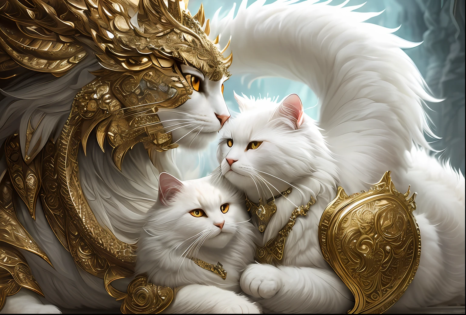 Large, fat, fluffy, white, long-haired Scottish cat, beside golden dragon with scaly skin sit in each other's arms and look at each other like lovers, concept art, complex, elegant, highly detailed digital painting, smooth, sharp focus, illustration, stunningly intricate detail, luminous filigree fantasy, digital art masterpiece, centred composition perfect composition, intricate pose, intricate, beautifully detailed insanely detailed octane rendering, 8k, art photography, photorealistic concept art, soft natural volumetric cinematic perfect light, award winning photography, masterpiece, oil on canvas, intricate, elegant, highly detailed digital artwork