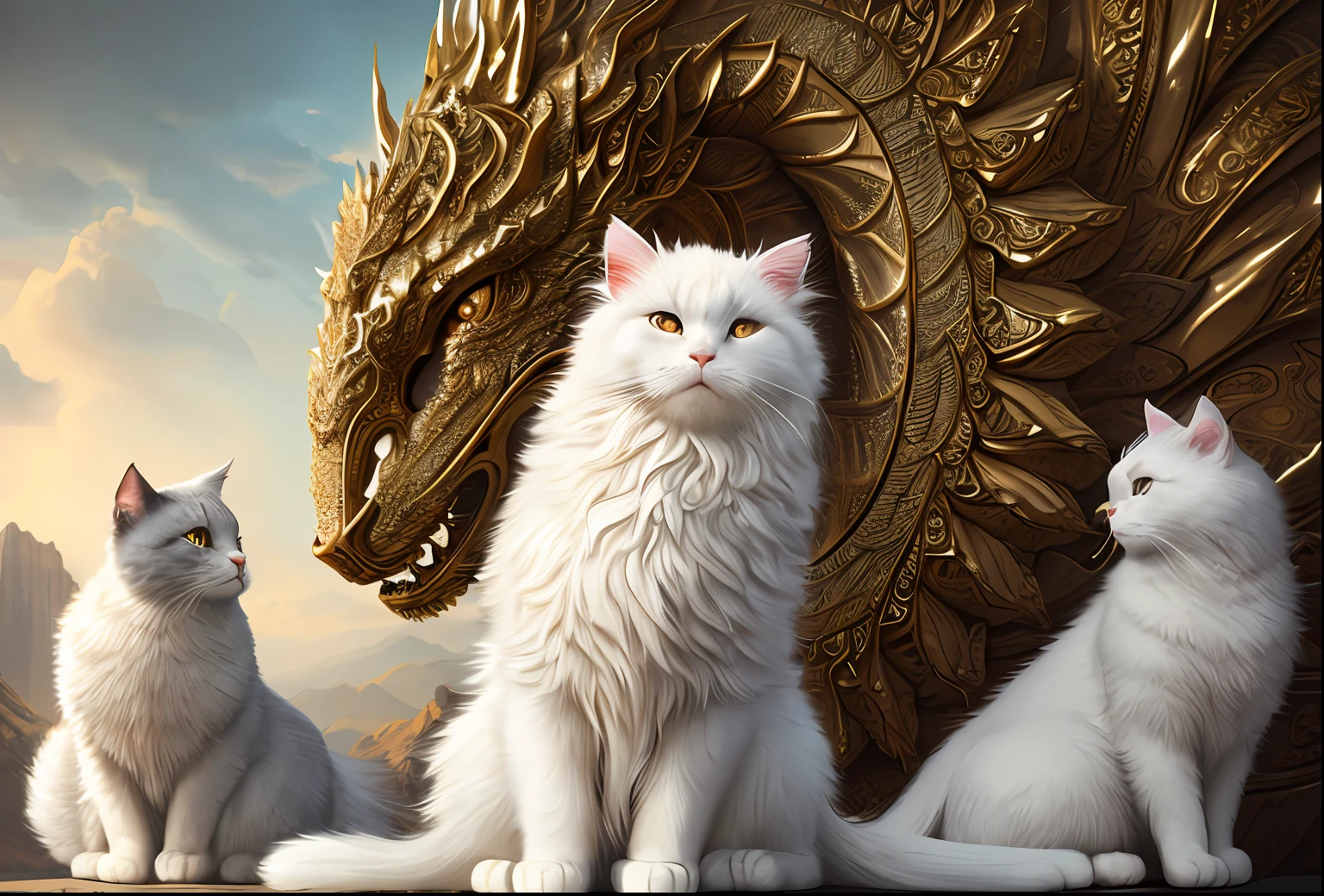 Large, fat, fluffy, white, long-haired Scottish cat, beside golden dragon with scaly skin sit in each other's arms and look at each other like lovers, concept art, complex, elegant, highly detailed digital painting, smooth, sharp focus, illustration, stunningly intricate detail, luminous filigree fantasy, digital art masterpiece, centred composition perfect composition, intricate pose, intricate, beautifully detailed insanely detailed octane rendering, 8k, art photography, photorealistic concept art, soft natural volumetric cinematic perfect light, award winning photography, masterpiece, oil on canvas, intricate, elegant, highly detailed digital artwork