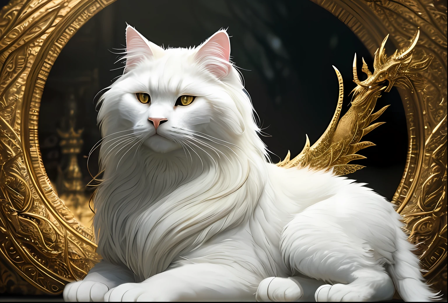 Large, fat, fluffy, white, long-haired Scottish cat, beside golden dragon with scaly skin sit in each other's arms and look at each other like lovers, concept art, complex, elegant, highly detailed digital painting, smooth, sharp focus, illustration, stunningly intricate detail, luminous filigree fantasy, digital art masterpiece, centred composition perfect composition, intricate pose, intricate, beautifully detailed insanely detailed octane rendering, 8k, art photography, photorealistic concept art, soft natural volumetric cinematic perfect light, award winning photography, masterpiece, oil on canvas, intricate, elegant, highly detailed digital artwork