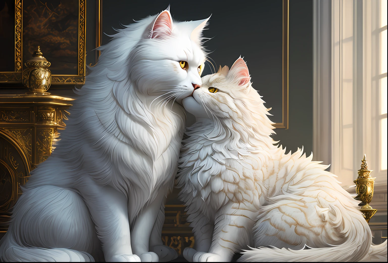 Large, fat, fluffy, white, long-haired Scottish cat, beside golden dragon with scaly skin sit in each other's arms and look at each other like lovers, concept art, complex, elegant, highly detailed digital painting, smooth, sharp focus, illustration, stunningly intricate detail, luminous filigree fantasy, digital art masterpiece, centred composition perfect composition, intricate pose, intricate, beautifully detailed insanely detailed octane rendering, 8k, art photography, photorealistic concept art, soft natural volumetric cinematic perfect light, award winning photography, masterpiece, oil on canvas, intricate, elegant, highly detailed digital artwork