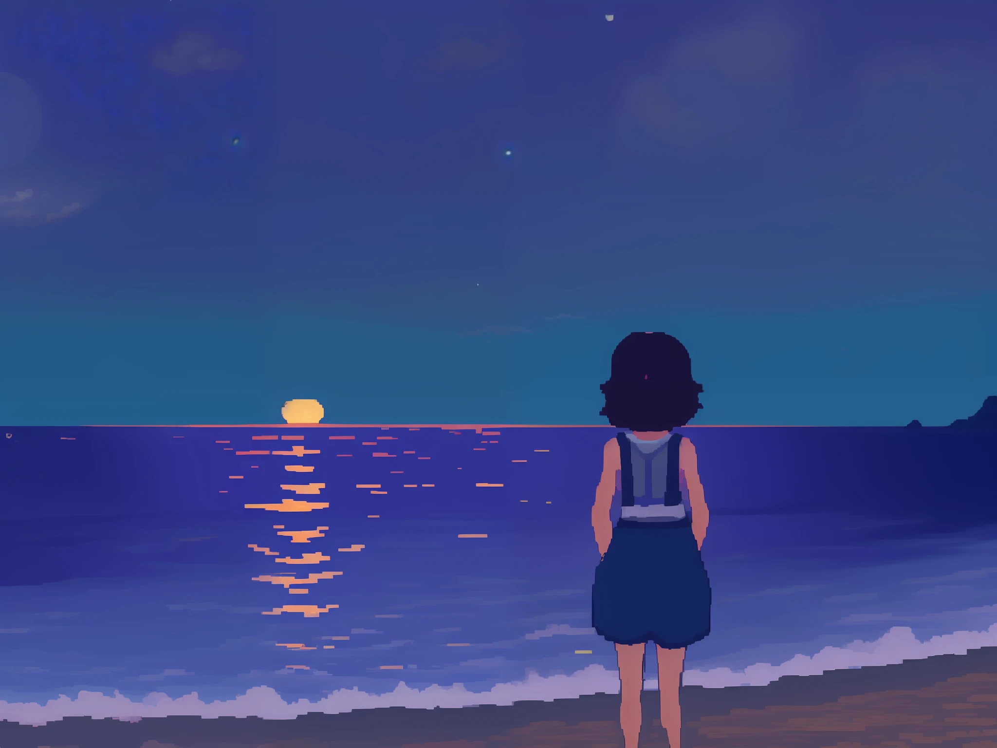 Pixel art girl with her back to picture, background is sea in moonlight, Ghibli, night, darkness,