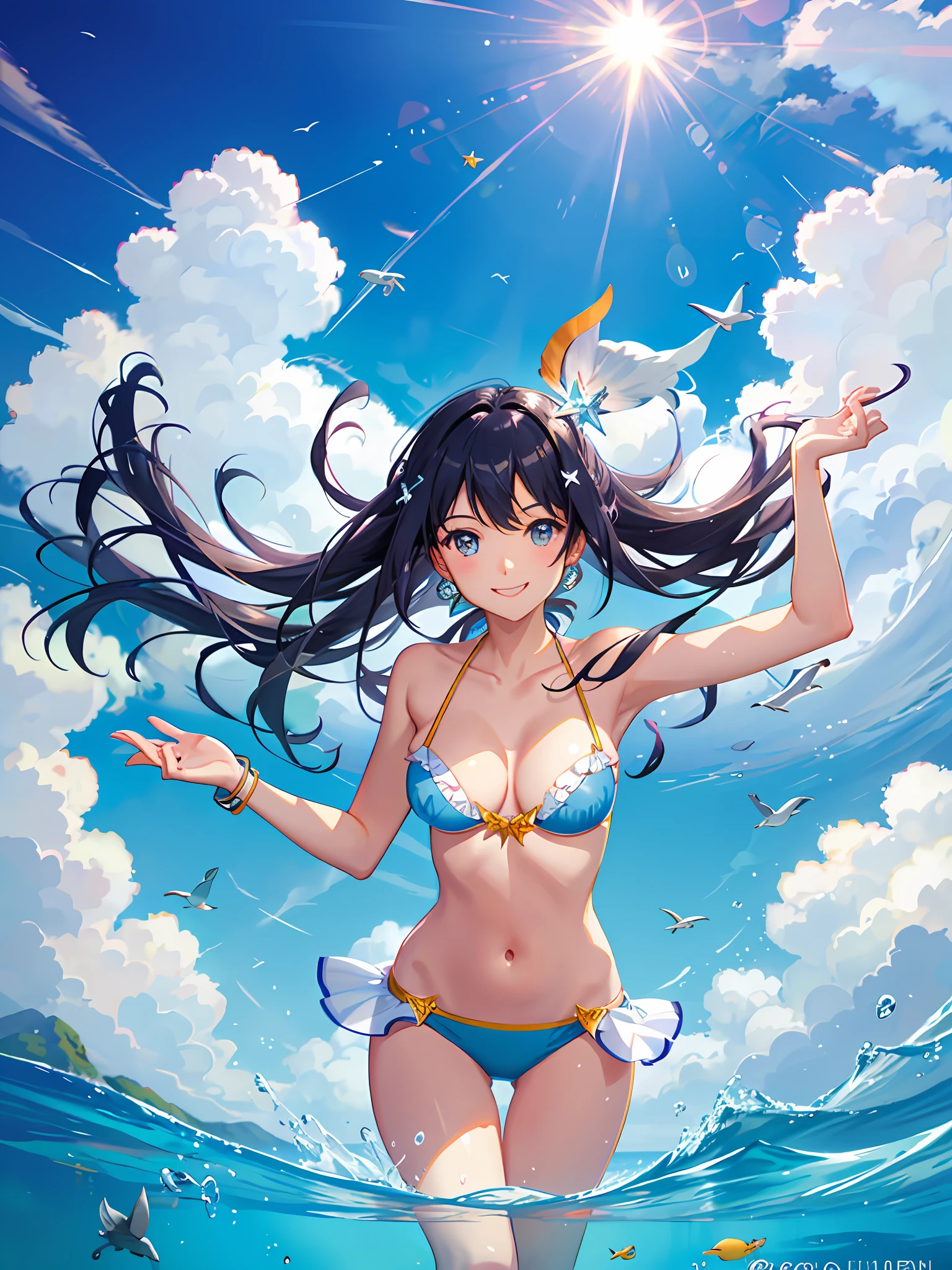 super smile, breast, summer, sun, sea, beach, approaching sun, beauty in the center, dolphin, mermaid, reflection, --v6