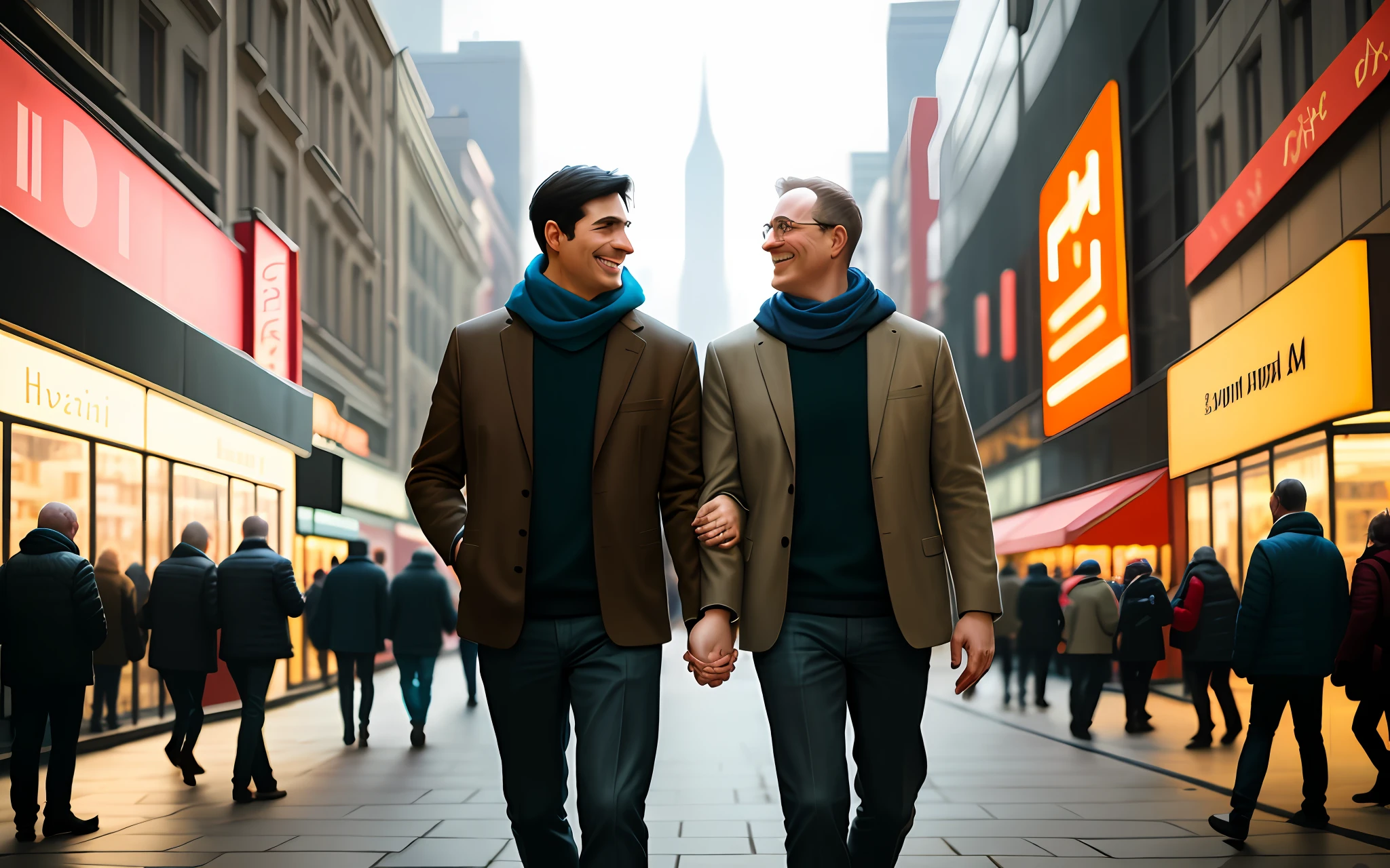 Two happy men holding hands in the bustling streets of a big city, centered subjects, sharp focus, natural lighting, vibrant colors, beautiful scene, highly detailed,