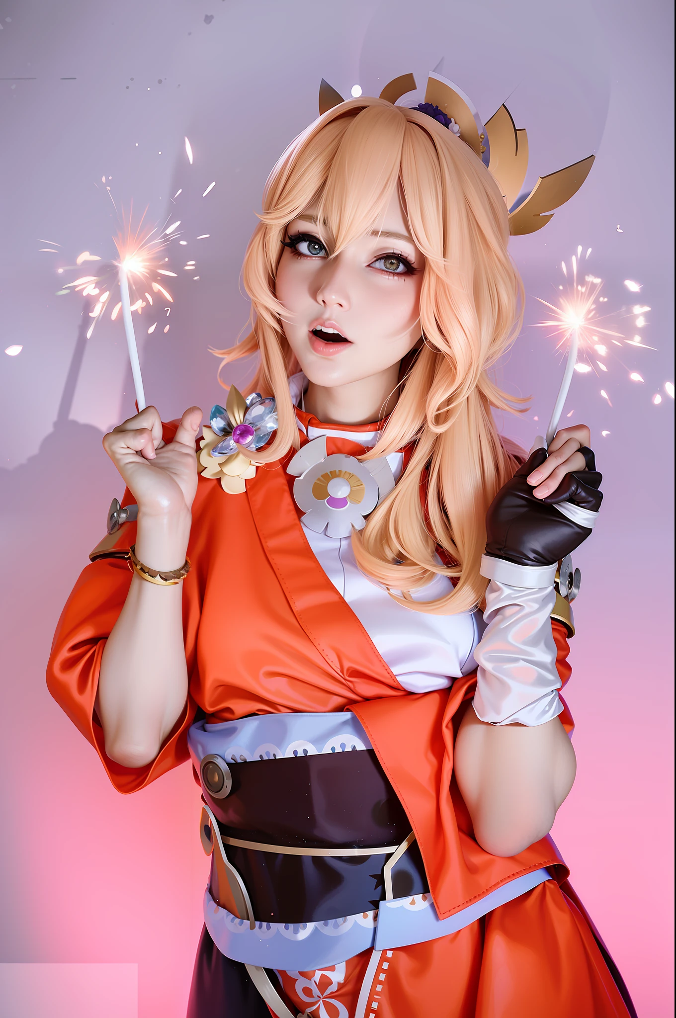 there is a woman dressed in a costume holding sparklers, anime cosplay, ayaka cosplay, cosplay, anime inspired, fox nobushi, anime girl cosplay, yami kawaii, ayaka genshin impact, haruno sakura, mercy ( overwatch ), as overwatch character, mercy from overwatch, glamourous cosplay, ayaka game genshin impact, inspired by Yang J