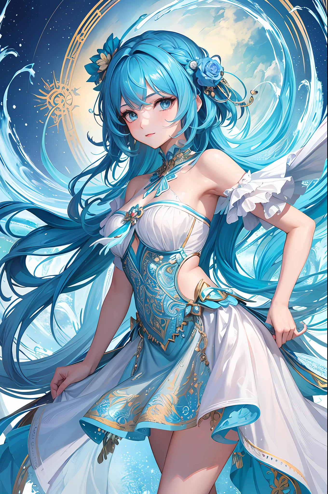 (Masterpiece, Top Quality, Best Quality, Official Art, Beauty and Aesthetics: 1.2), (1girl: 1.3), (Fractal Art: 1.3), Vibrant Aqua Blue Eyes, Medium Hair with Tassels, Nude Midpart