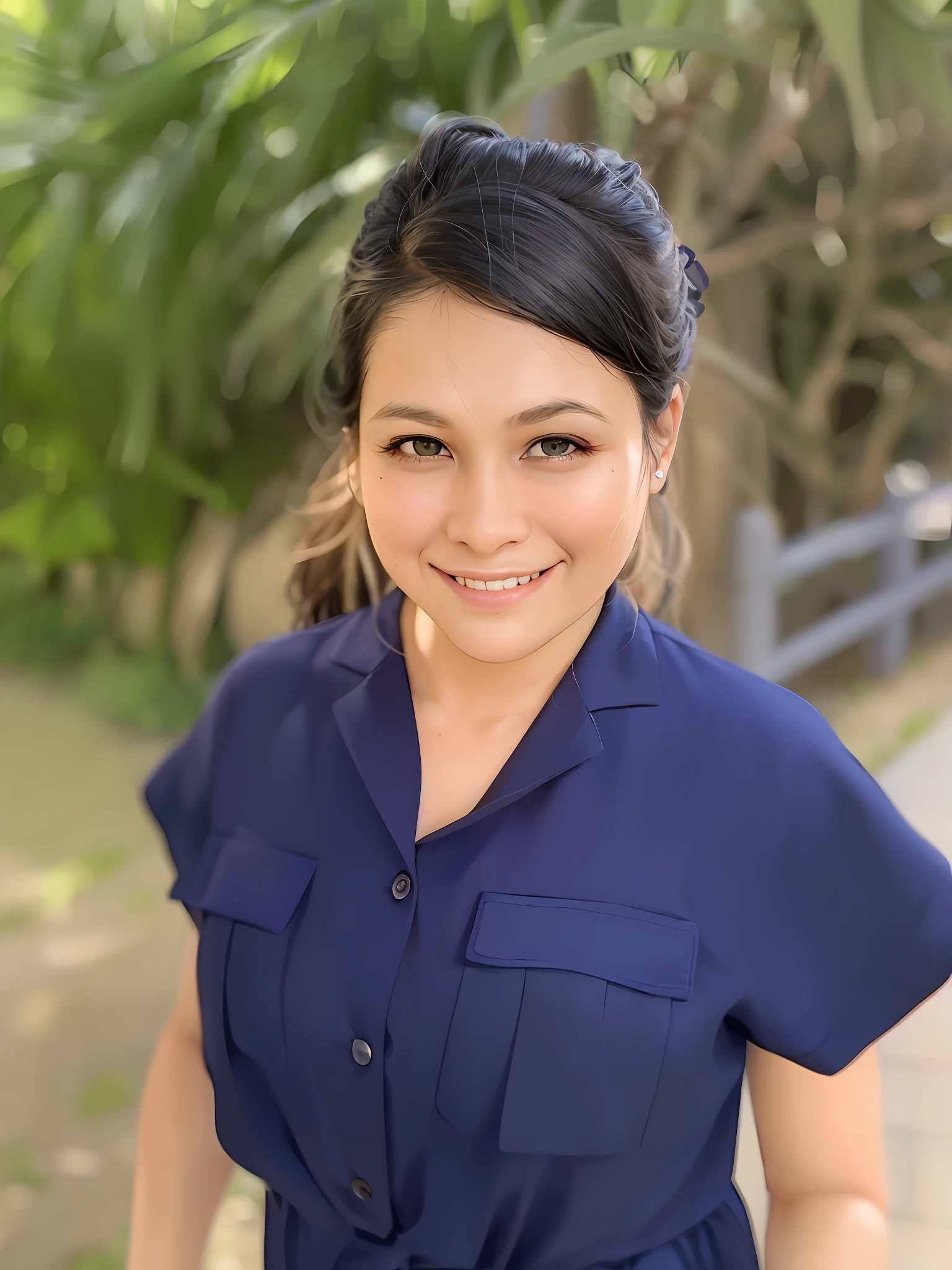 smiling woman in blue shirt and black pants standing in front of a bush, nivanh chanthara, 3 6 years old, 38 years old, 40 years old women, 2 9 years old, 2 8 years old, professional image, 3 2 years old, front portrait, 2 7 years old, 3 0 years old woman, 30 years old woman