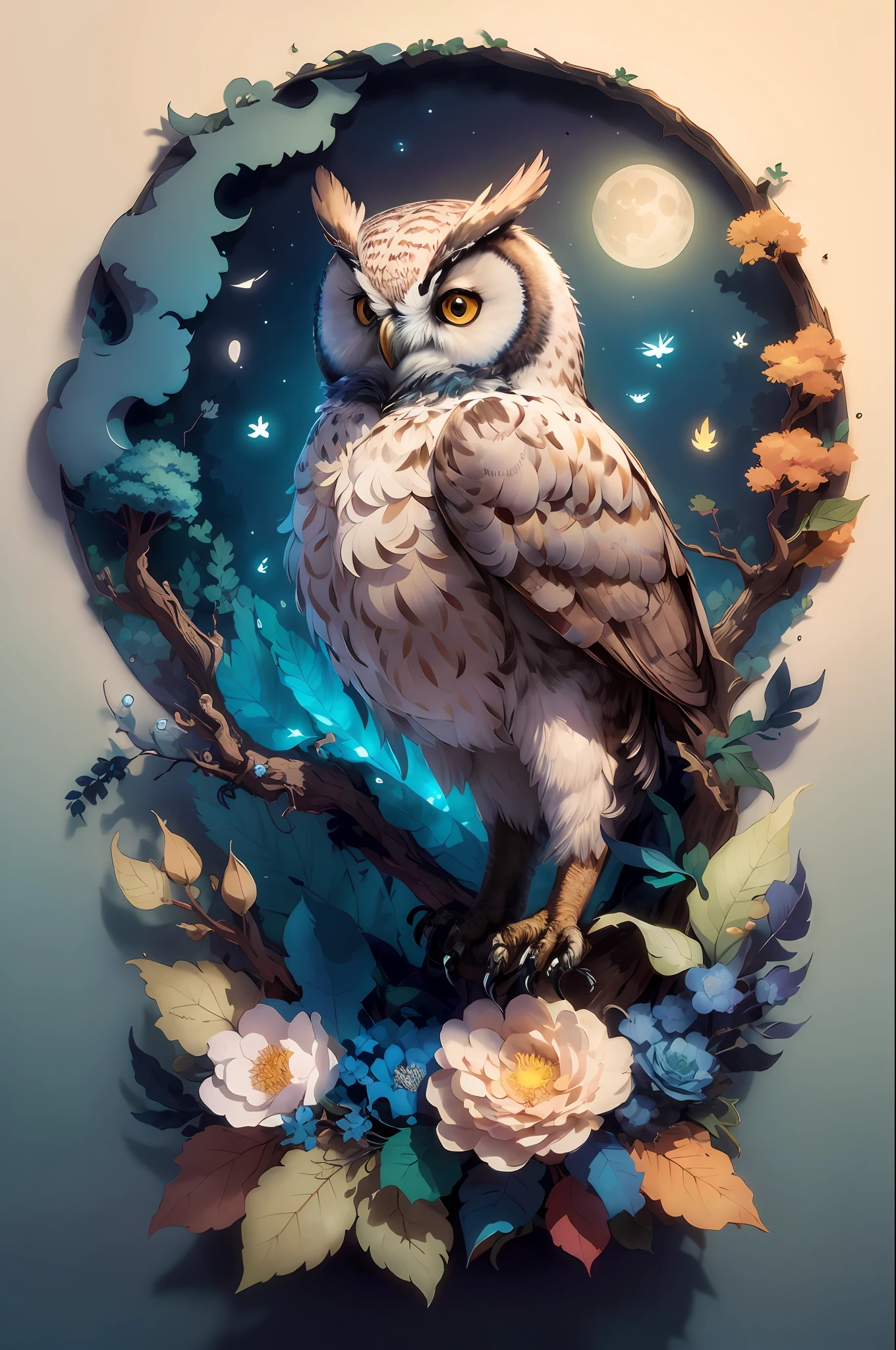 (((masterpiece))),bestquality,illustration,beautifuldetailedglow,
paper_cut, owl, tree,moon,