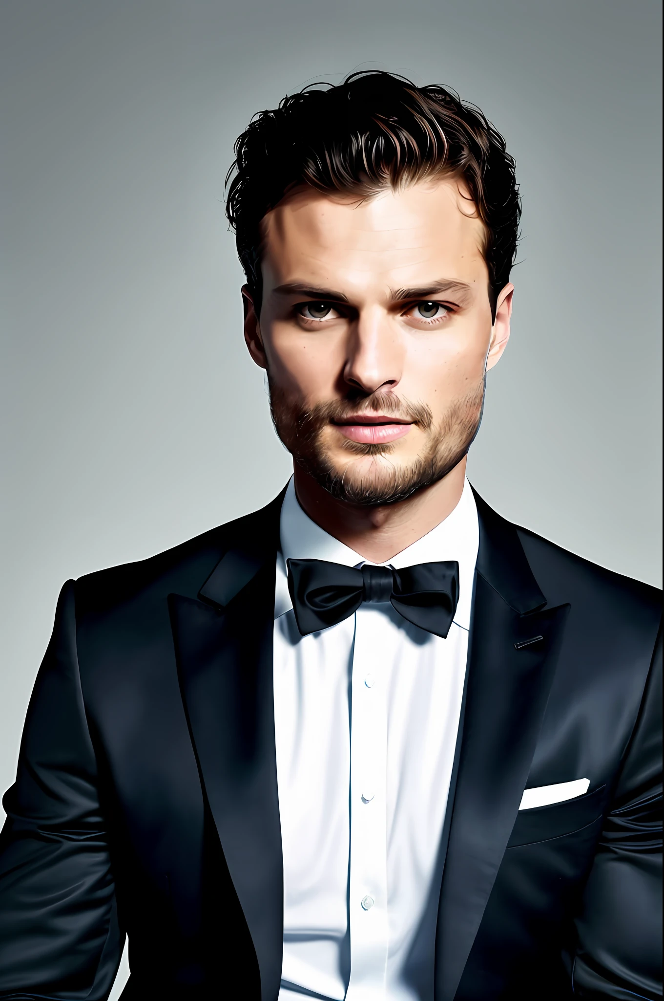 create a ceo wearing black suit without tie), looking at the center of the image, sitting on a throne, Jamie Dornan, (Moreno with symmetrical model face), wearing thin beard, dark short hair, magazine cover style, man similar to actor jamie dornan, (high quality and realistic image), black dark background, cinematic style, ((Best quality, 8k,  Masterpiece).