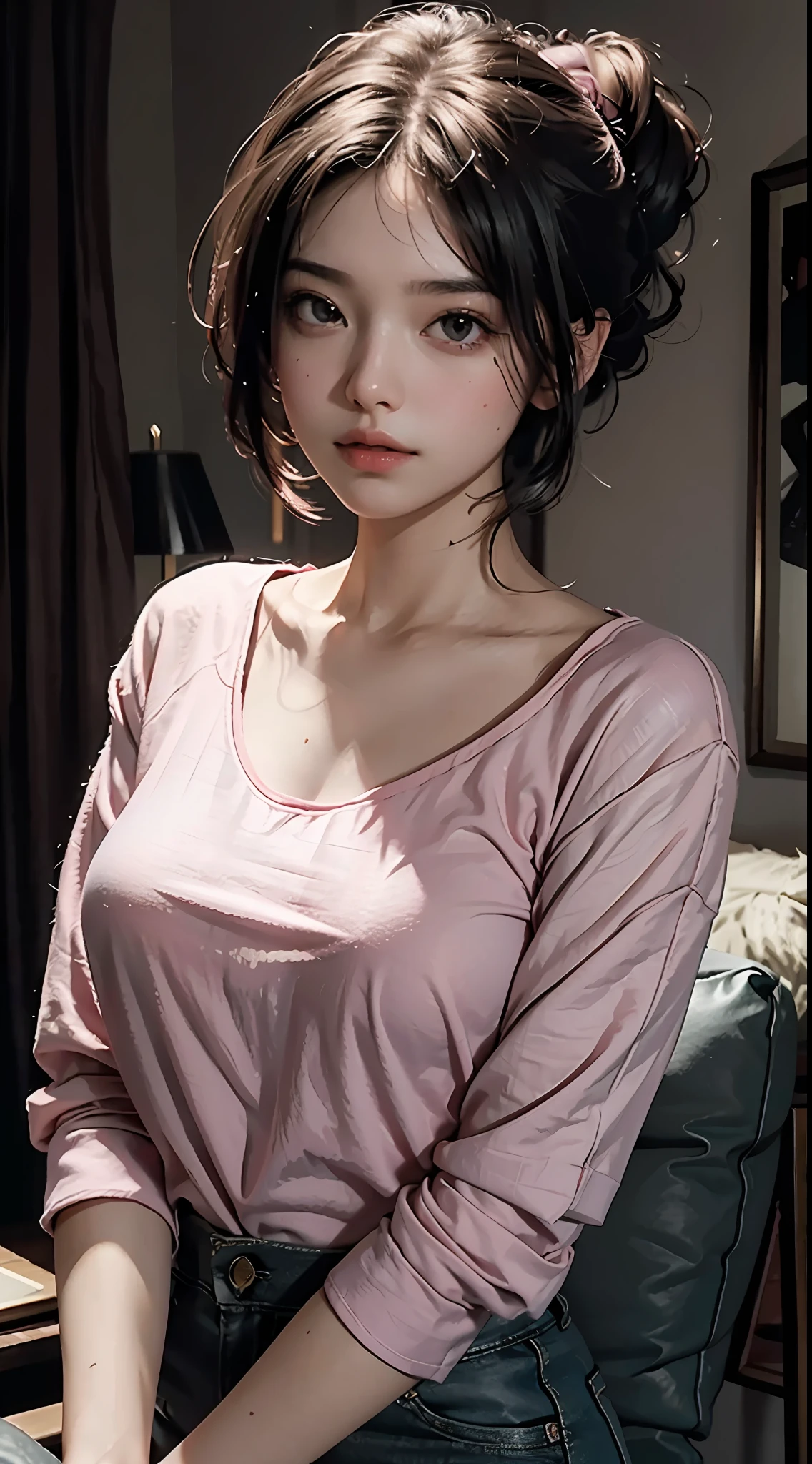 Best quality, masterpiece, super high resolution, (fidelity: 1.4), original photo, 1girl, mature, pink top, cinematic lighting