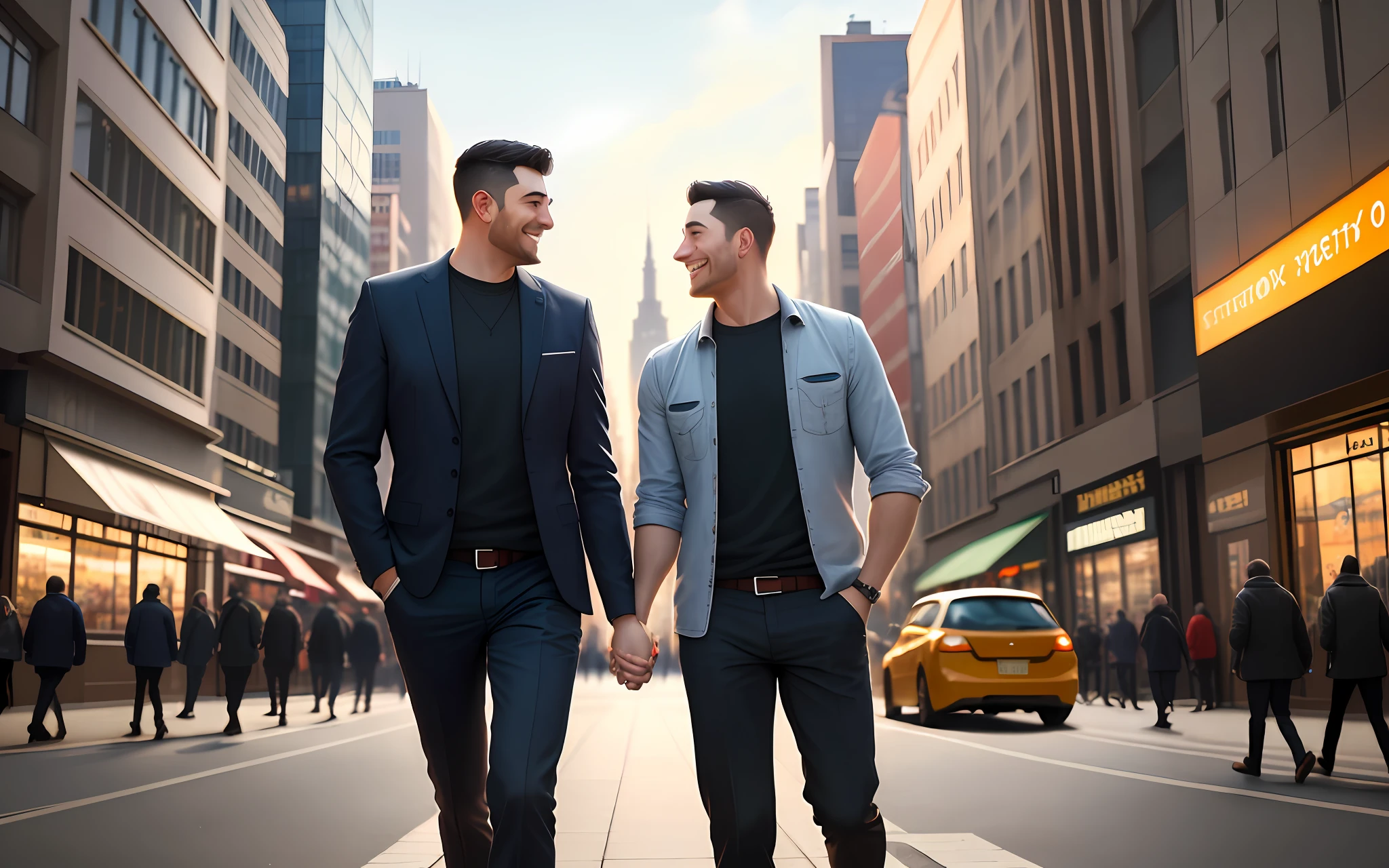 Two happy men holding hands in the bustling streets of a big city, centered subjects, sharp focus, natural lighting, vibrant colors, beautiful scene, highly detailed, dynamic composition, correct perspective, good proportions, beautiful sky