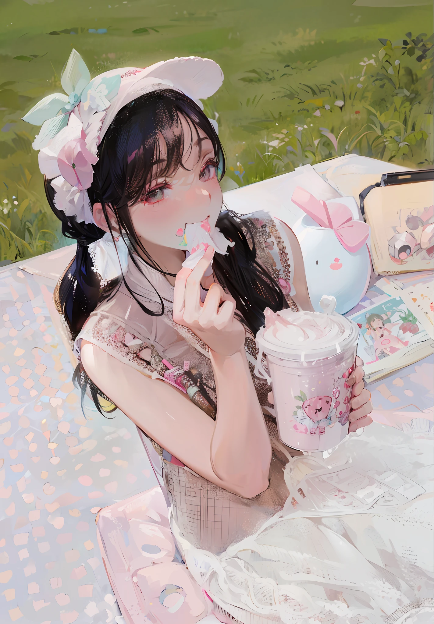 there is a girl sitting on a blanket eating a piece of cake, kawaii aesthetic, cute kawaii girl, drinking a strawberry iced latte, fairycore, belle delphine, anime girl drinks energy drink, pastel cute slime, kawaii style, sakimichan, cutecore, soda themed girl, lofi girl aesthetic, kawaii hairstyle, ruan cute vtuber
