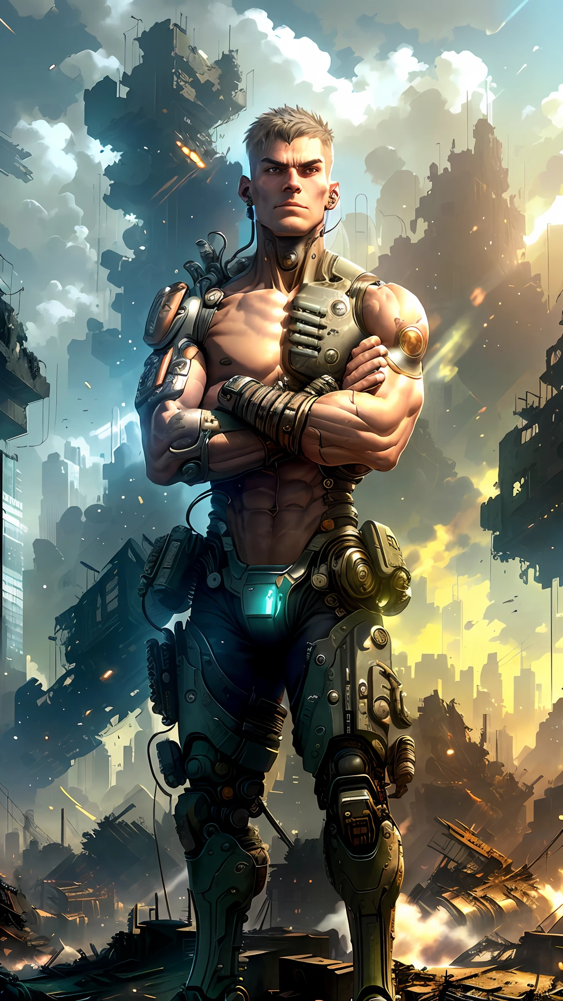 A highly detailed Cyborg, arms crossed in front of a destroyed city, sporting futuristic details on his bionic body. (An extremely detailed cyborg with crossed arms in front of a destroyed city, with futuristic details on their bionic body.)