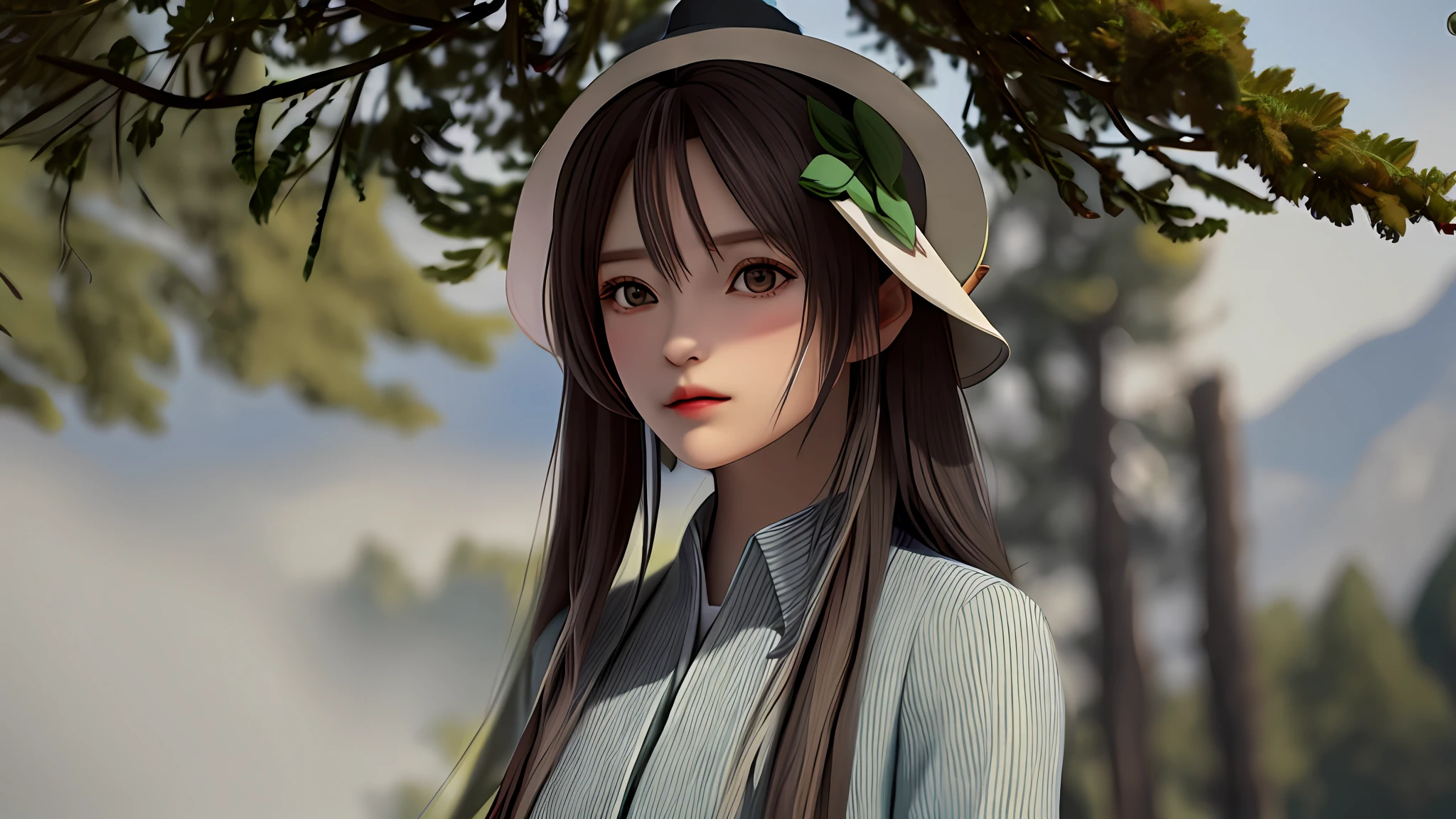 Wearing a hat, forest in the background, national style clothing