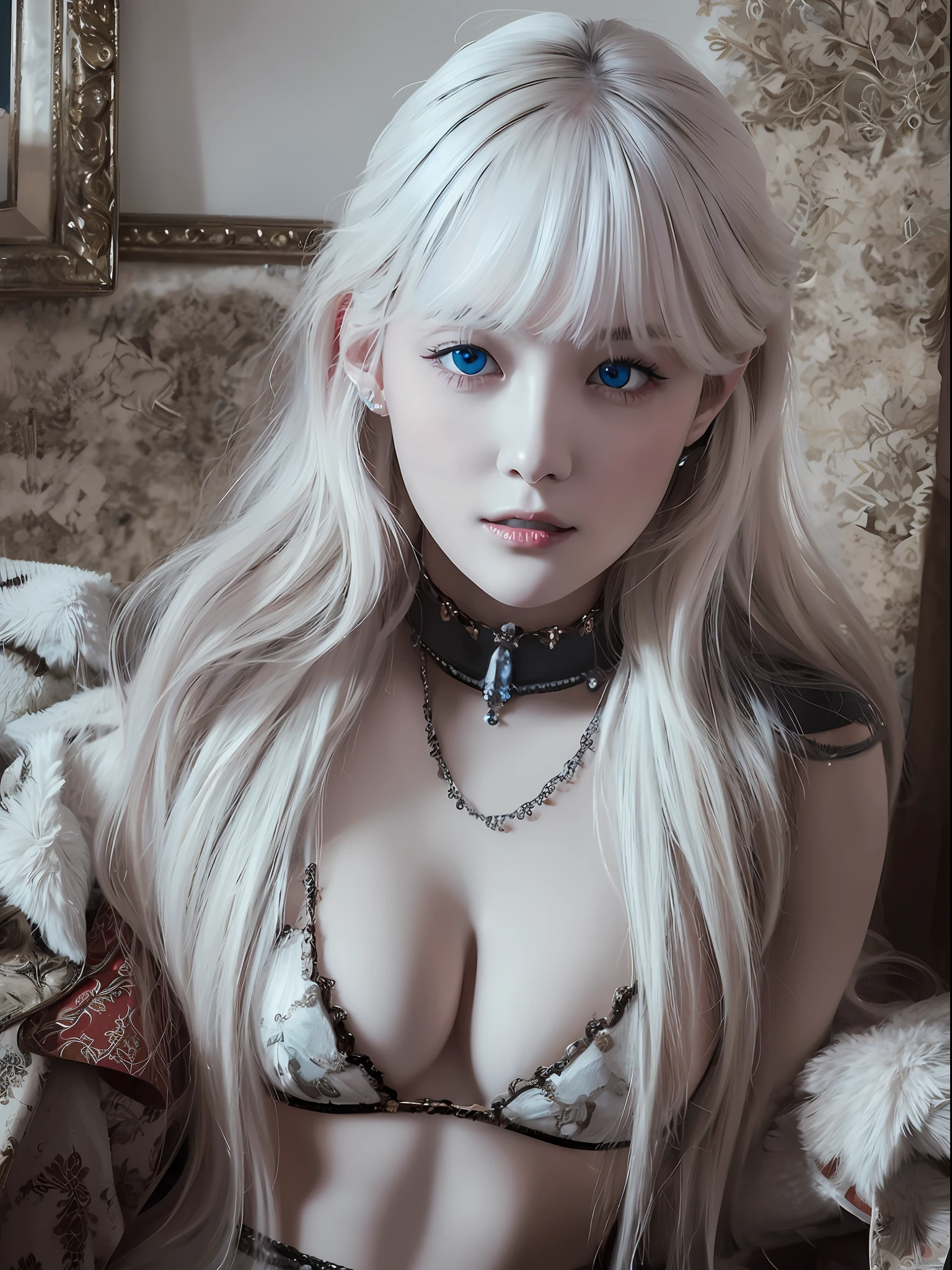 ((masterpiece)), ((best quality)), (ultra-detailed), wallpaper, highest quality, ((an extremely delicate and beautiful)), 1girl, detailed background, huge breasts, rocker girl, choker, intense lighting, elaborate detail, seductive smile, (((revealing clothes))), slim body, sexually suggestive, dynamic pose, low cut shirt, cleavage, black eye shadow, indoors, messy room, red blazer jacket, white hair, blue eyes