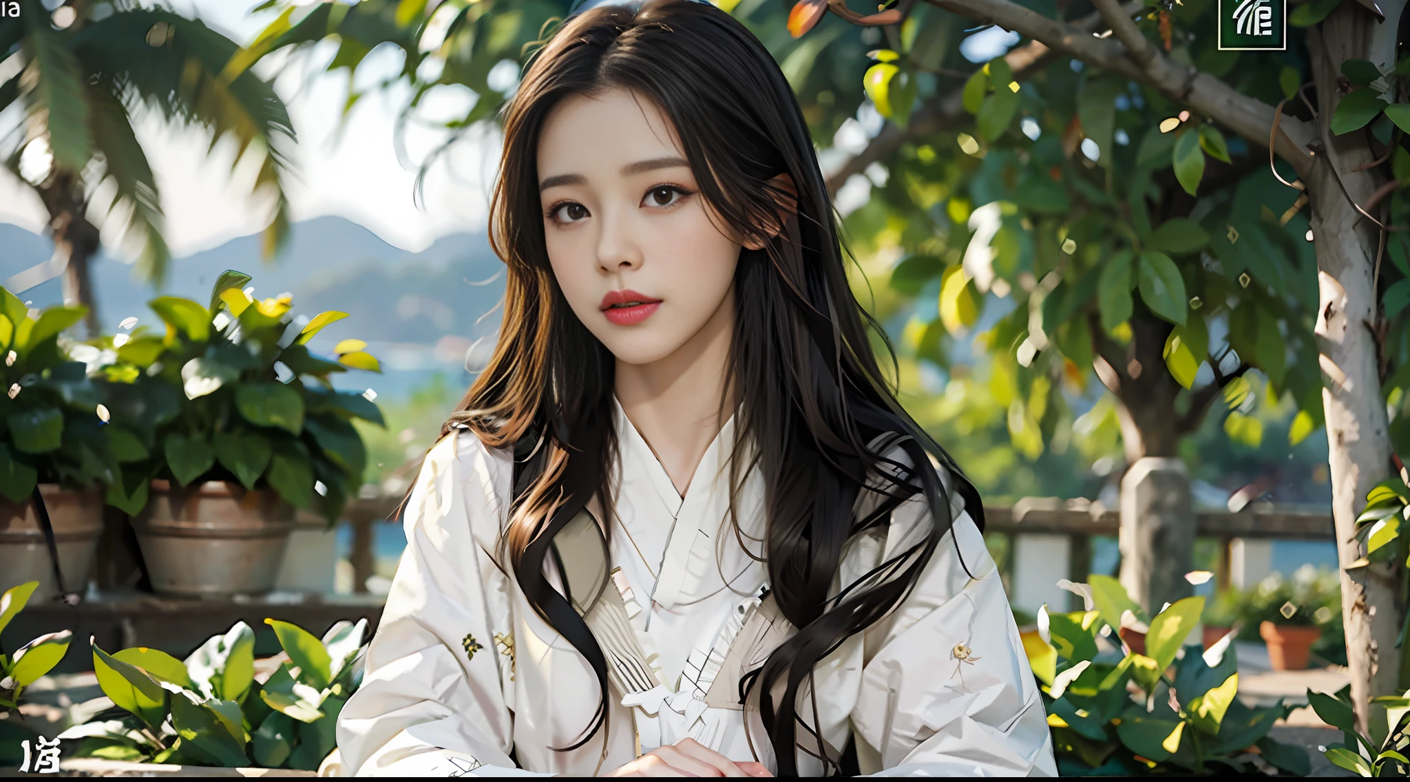 Masterpiece, best quality, high quality, extremely detailed CG unified 8k wallpaper, 1 girl, female focus, alone, reality, brunette hair, blur, portrait, blurred background, outdoors, looking at the viewer, close your mouth, seaside, sunset, lips, sun, long hair, dark eyes, inspired by Hani Kiz, Guan Xiaotong, Yang Zi, Zhao Liying, Yang Mi, Angelababy