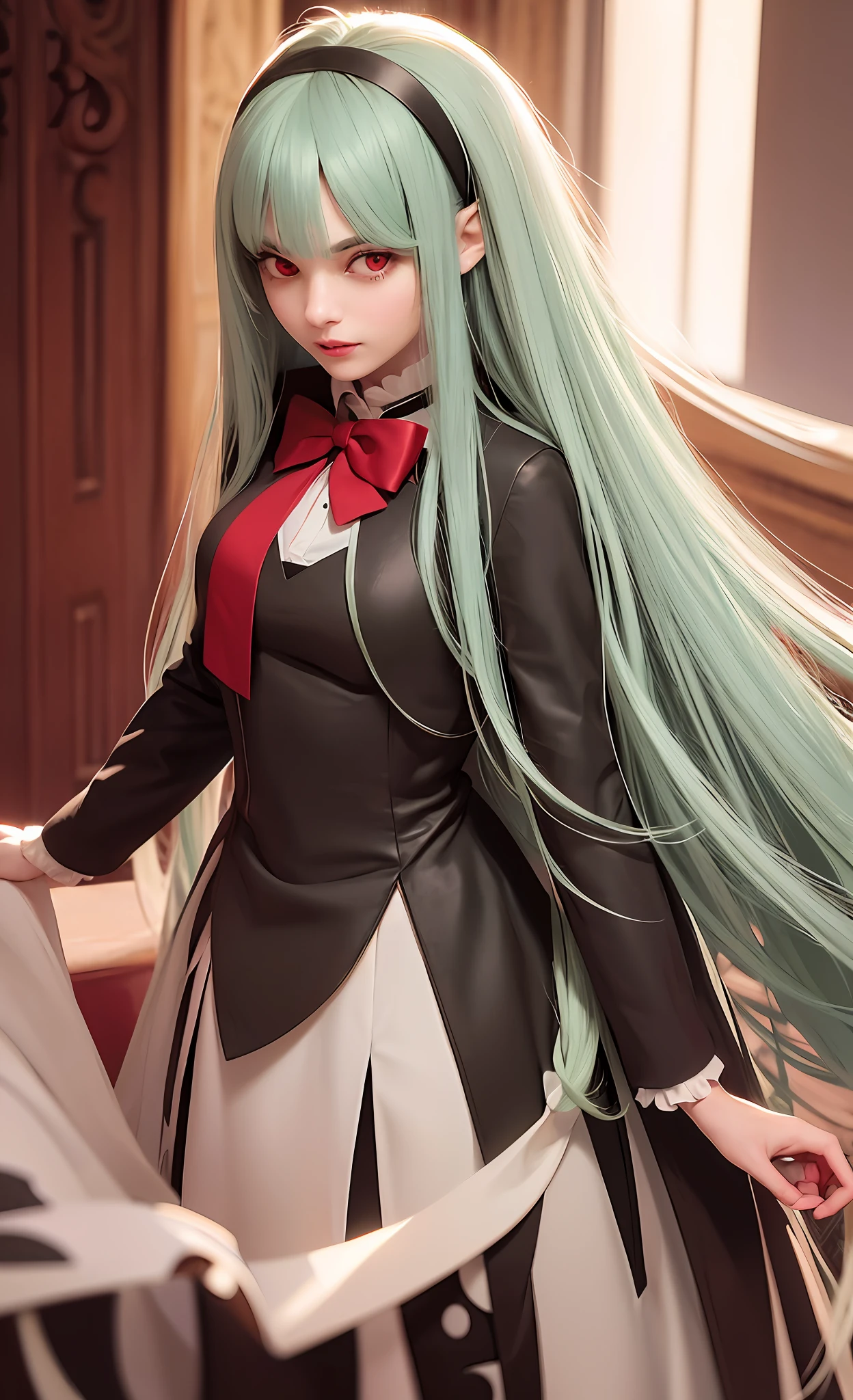 One 27-year-old beautiful adult woman, (masterpiece, sidelights, beautiful eyes in detail, detailed eyes, red eyes, highest quality, high resolution, absurdity, incredibly absurd, detailed hair, single hair: 1.2), masterpiece * portrait, realistic, 3D face, shiny skin, green hair, (long hair: 1.1), sidelock, (bangs: 1.1), long sideburns, vampire, showing fangs, Black cape with red underneath, grey vest, white striped shirt, red bow tie