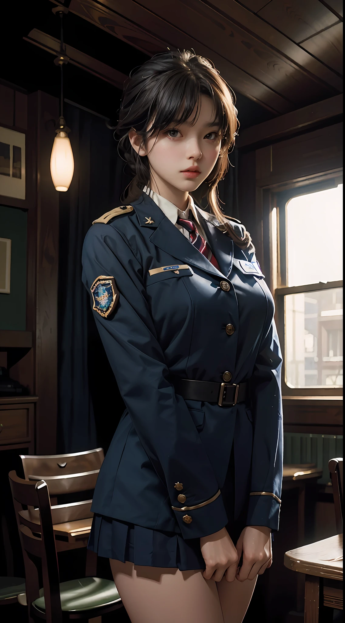 Best quality, masterpiece, super high resolution, (fidelity: 1.4), original photo, 1girl, mature, blue JK uniform, cinematic lighting