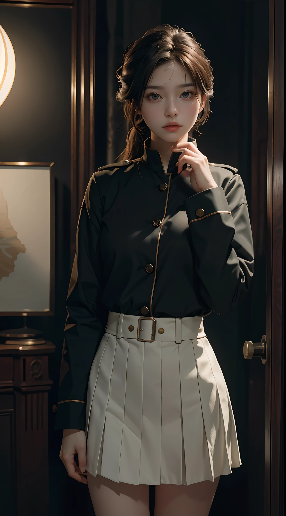 Best Quality, Masterpiece, Ultra High Resolution, (Realisticity: 1.4), Original Photo, 1Girl, Mature, OL Uniform, Film Lighting
