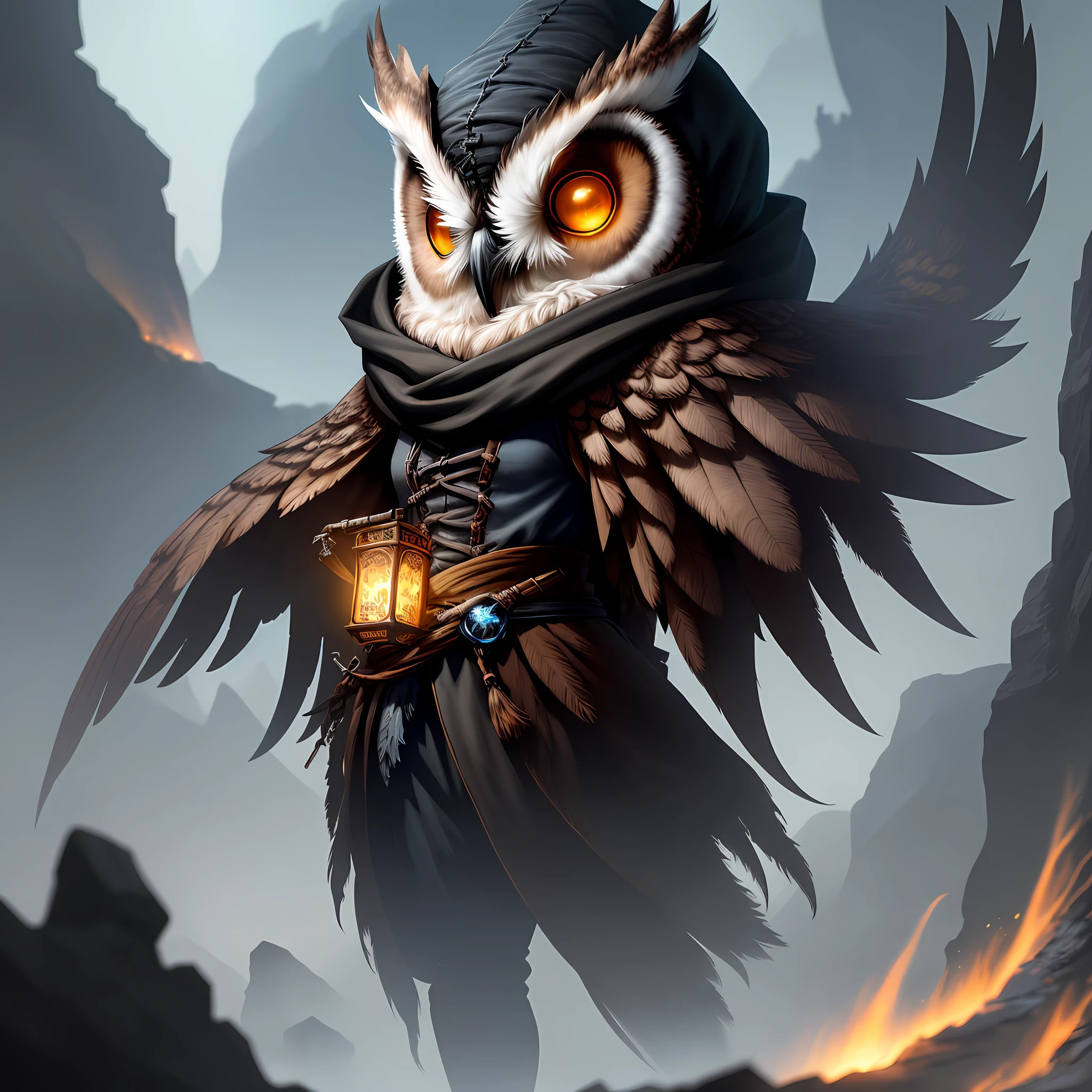 Average close-up of a slender person, Screech Owl Owlfolk, ninja, fantasy, Frostpunk, Volumetric lighting:0.8, concept art, brushstroke style, art station, trends, highly detailed