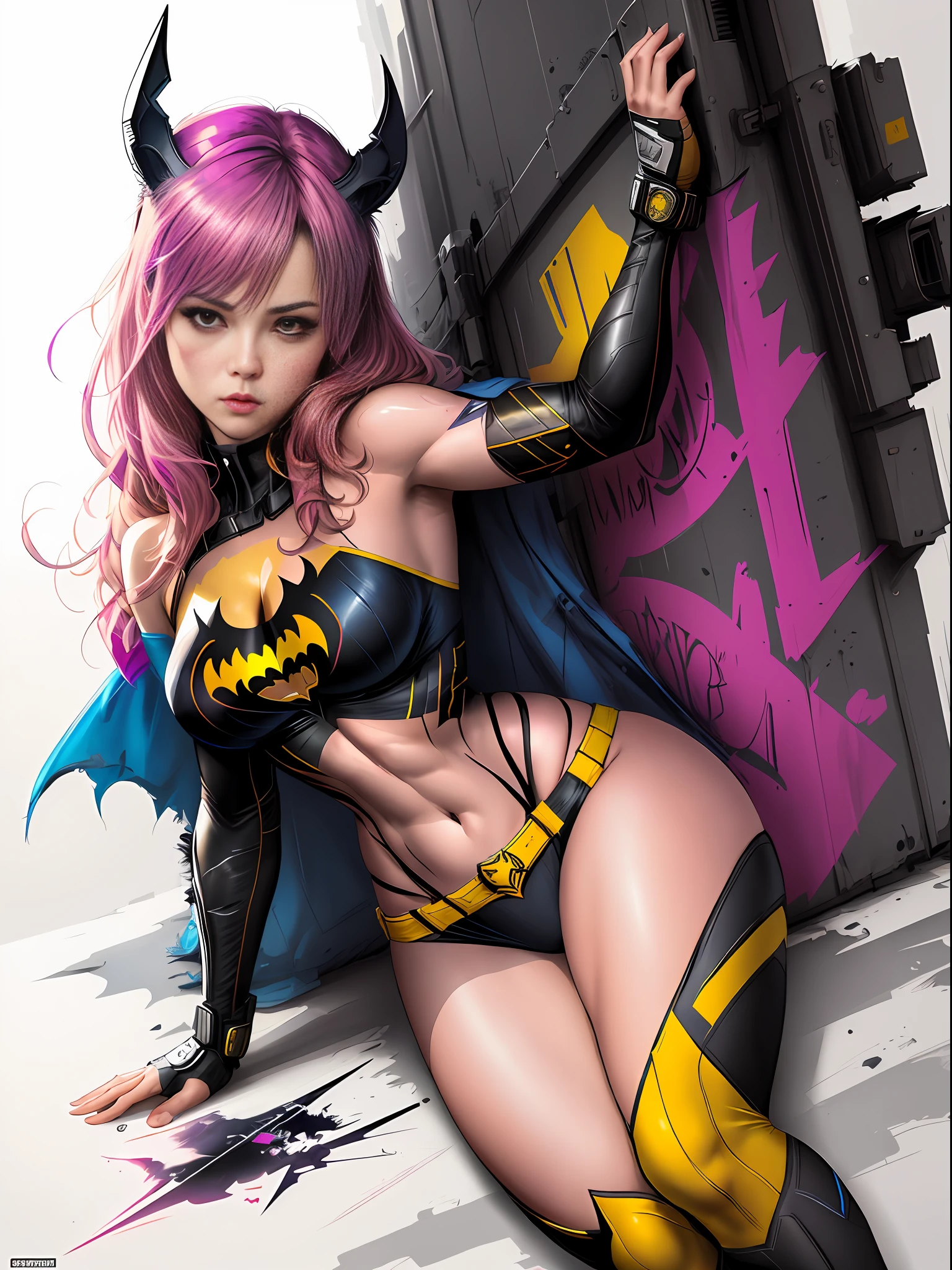 a masterpiece, sticker of a batgirl/supergirl from dc comic wearing alternate yellow costume, coy and alluring, full body, Kim Jung gi, freedom, soul, digital illustration, comic style, cyberpunk, perfect anatomy, centered, approaching perfection, dynamic, highly detailed, watercolor painting, artstation, concept art, smooth, sharp focus, illustration, art by Carne Griffiths and Wadim Kashin, unique, award winning, masterpiece