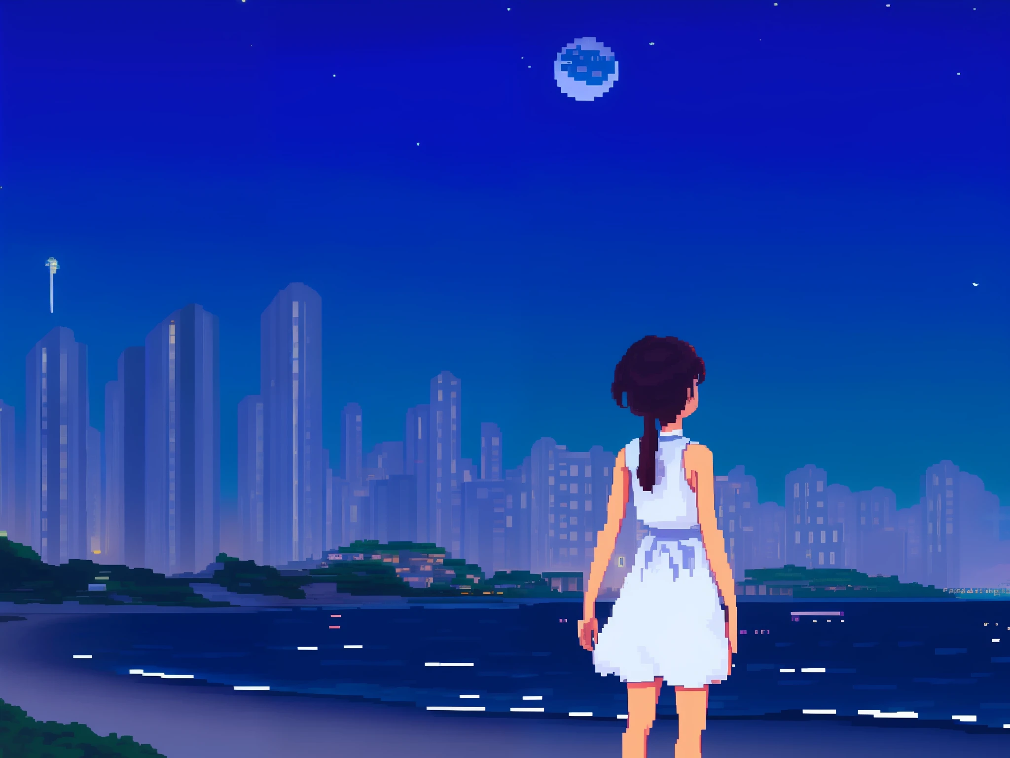 Pixel, girl in white dress with her back to the picture, sea in moonlight in the background, bright high-rise buildings on the coast, Ghibli, night,