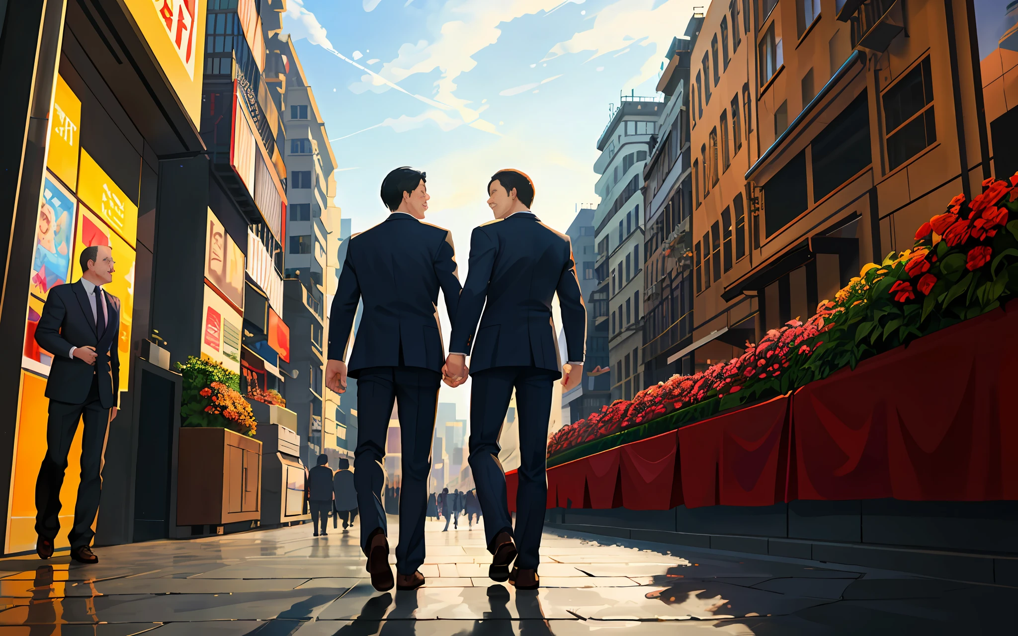 Two happy men holding hands in the bustling streets of a big city, centered subjects, sharp focus, natural lighting, vibrant colors, beautiful scene, highly detailed, dynamic composition, correct perspective, good proportions, beautiful sky