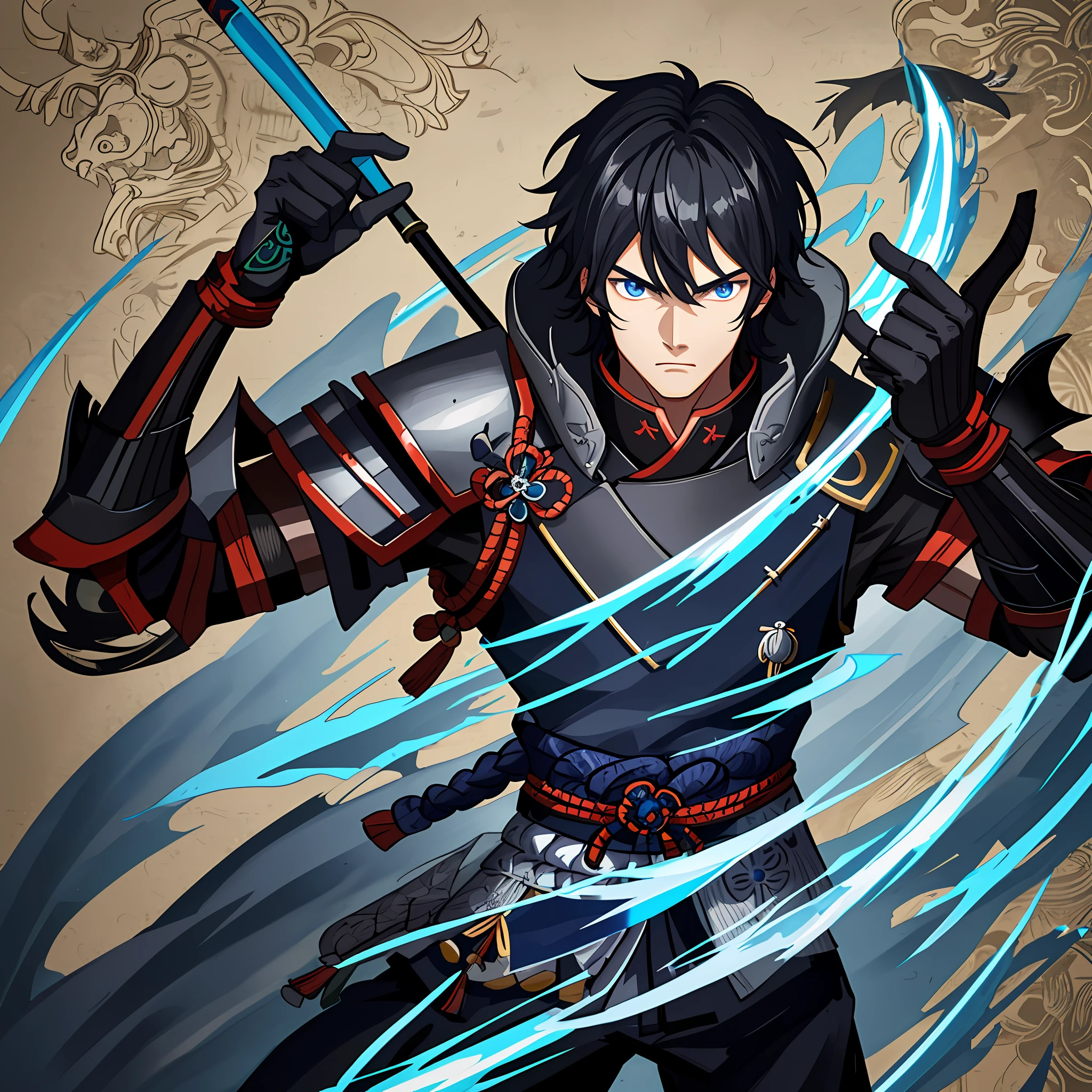 1 man,black hair,Shogun,bring a Spear,shoulder armor,hand armor,chest armor,dragon background,authoritative pose,blue detailed eyes,(wallpaper),(high quality)