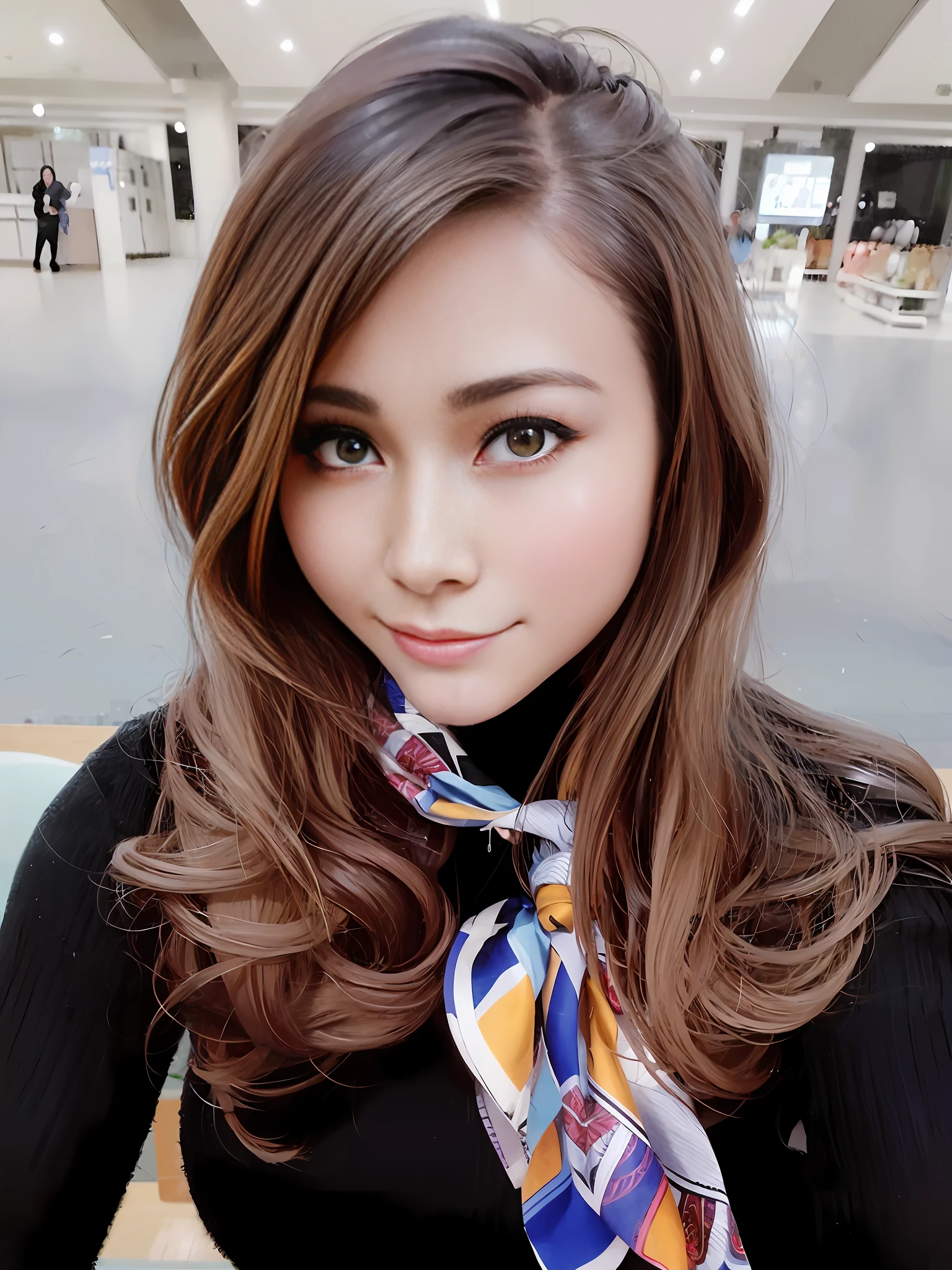 arafed woman with long hair wearing a scarf and black sweater, 8k selfie photograph, selfie of a young woman, 30 years old woman, 3 0 years old woman, photo on iphone, captured on iphone, anime thai girl, captured on canon eos r 6, 🤤 girl portrait, sakimichan, nivanh chanthara, handsome girl