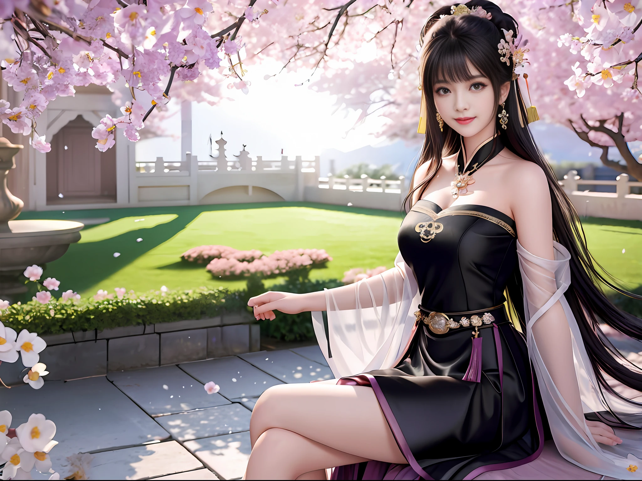 Excellent, masterpiece, high resolution, 8k, wallpaper, (((a girl))), (((solo))), sitting on a stool, blush, star pupils, (realistic face), (high detail face), bright big eyes, (smile: 0.9), sweet smile, beautiful and delicate face, sexy body, (high detail skin: 1.2), Chinese hanfu, ((black dress)), leaky shoulders, bandeau, cleavage, big boobs, long hair, bangs, hair bun, hair accessories, necklaces, jewelry, beauty, Realistic, light edge, ancient courtyard, courtyard full of plum blossoms, 8k uhd, SLR, soft light, high quality, volumetric lighting, candid shot, photo, high resolution, 4k, background bokeh
