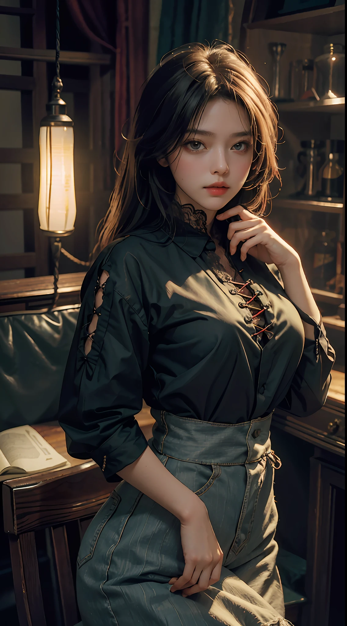 Best quality, masterpiece, super high resolution, (fidelity: 1.4), original photo, 1girl, mature, vintage lace-up shirt, cinematic lighting