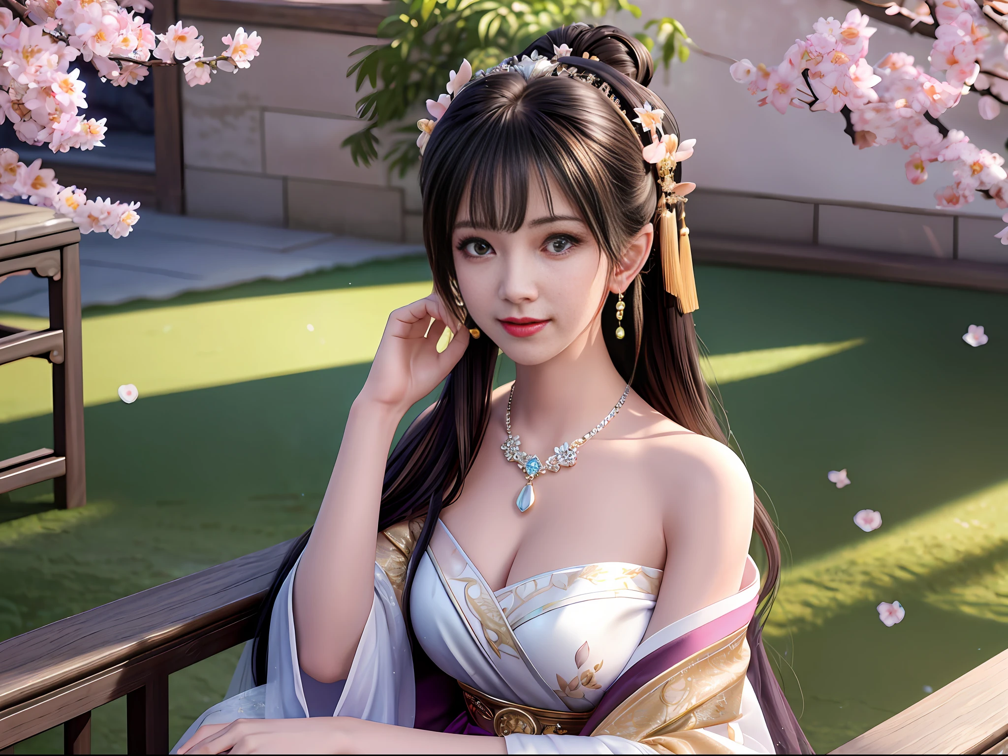 Excellent, masterpiece, high resolution, 8k, wallpaper, (((a girl))), (((solo))), sitting on a stool, blush, star pupils, (realistic face), (high detail face), bright big eyes, (smile: 0.9), sweet smile, beautiful and delicate face, sexy body, (high detail skin: 1.2), Chinese hanfu, ((black dress)), leaky shoulders, bandeau, cleavage, big boobs, long hair, bangs, hair bun, hair accessories, necklaces, jewelry, beauty, Realistic, light edge, ancient courtyard, courtyard full of plum blossoms, 8k uhd, SLR, soft light, high quality, volumetric lighting, candid shot, photo, high resolution, 4k, background bokeh