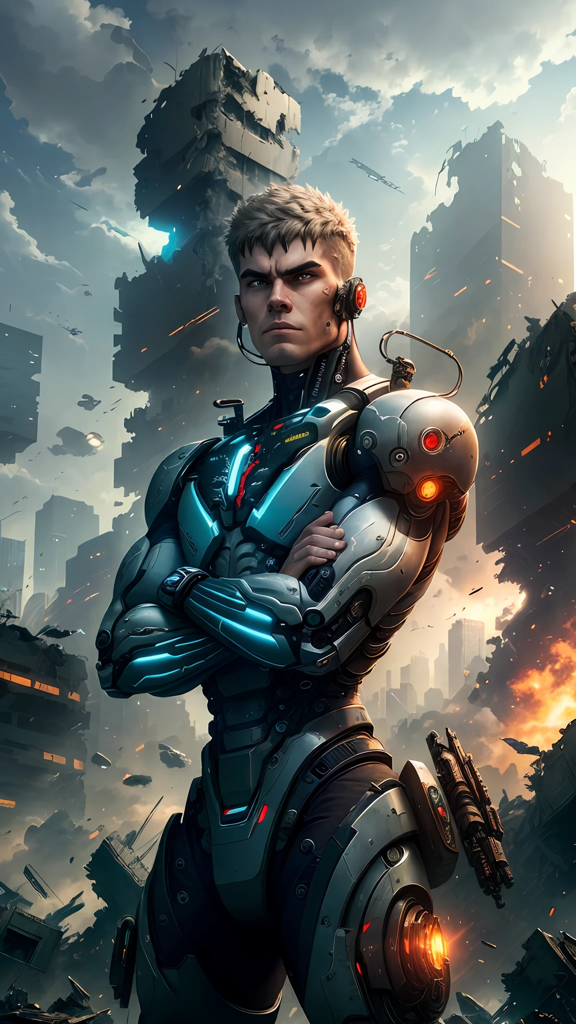 A highly detailed Cyborg, arms crossed in front of a destroyed city, sporting futuristic details on his bionic body. (An extremely detailed cyborg with crossed arms in front of a destroyed city, with futuristic details on their bionic body.)