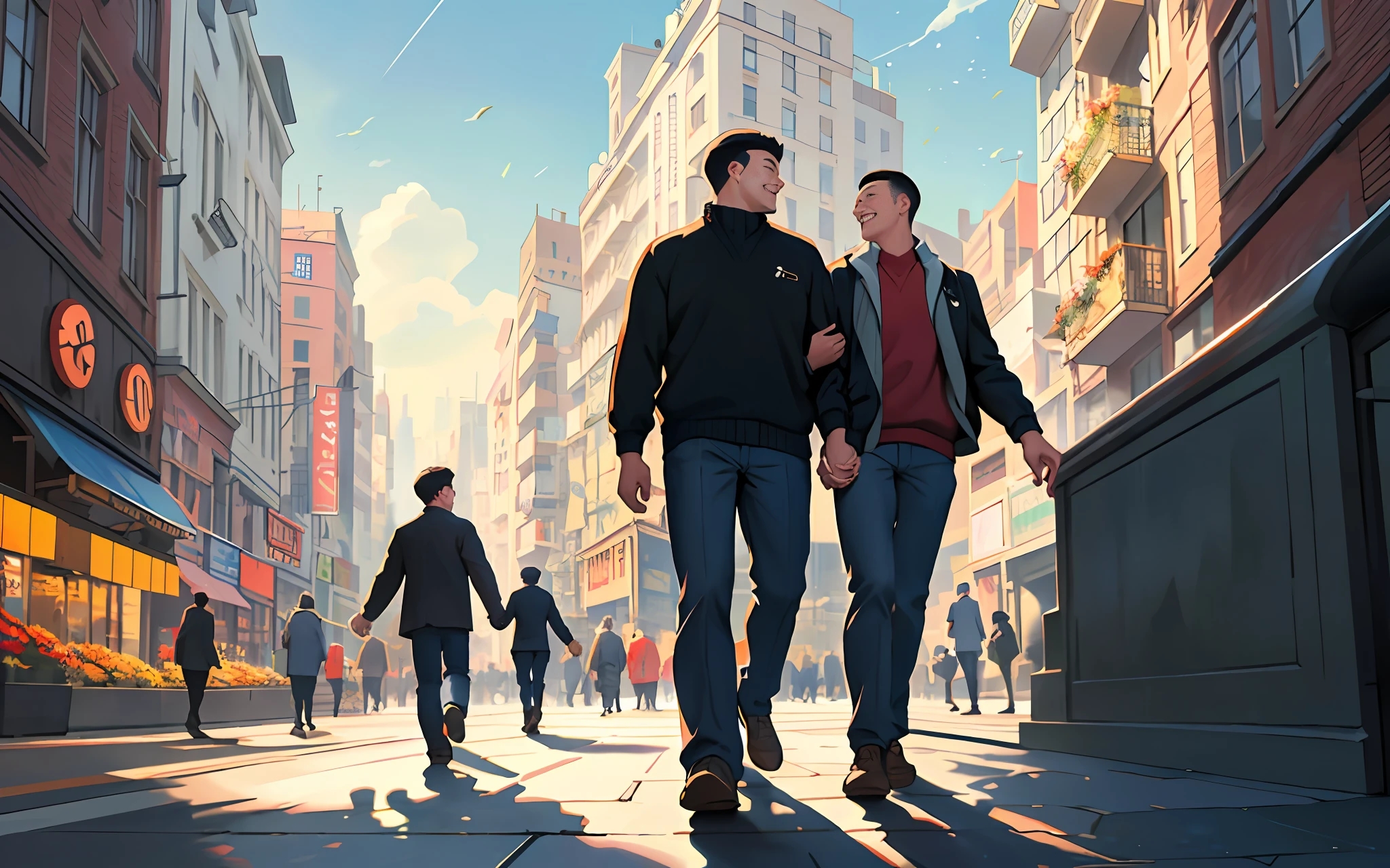 Two happy men holding hands in the bustling streets of a big city, centered subjects, sharp focus, natural lighting, vibrant colors, beautiful scene, highly detailed, dynamic composition, correct perspective, good proportions, beautiful sky