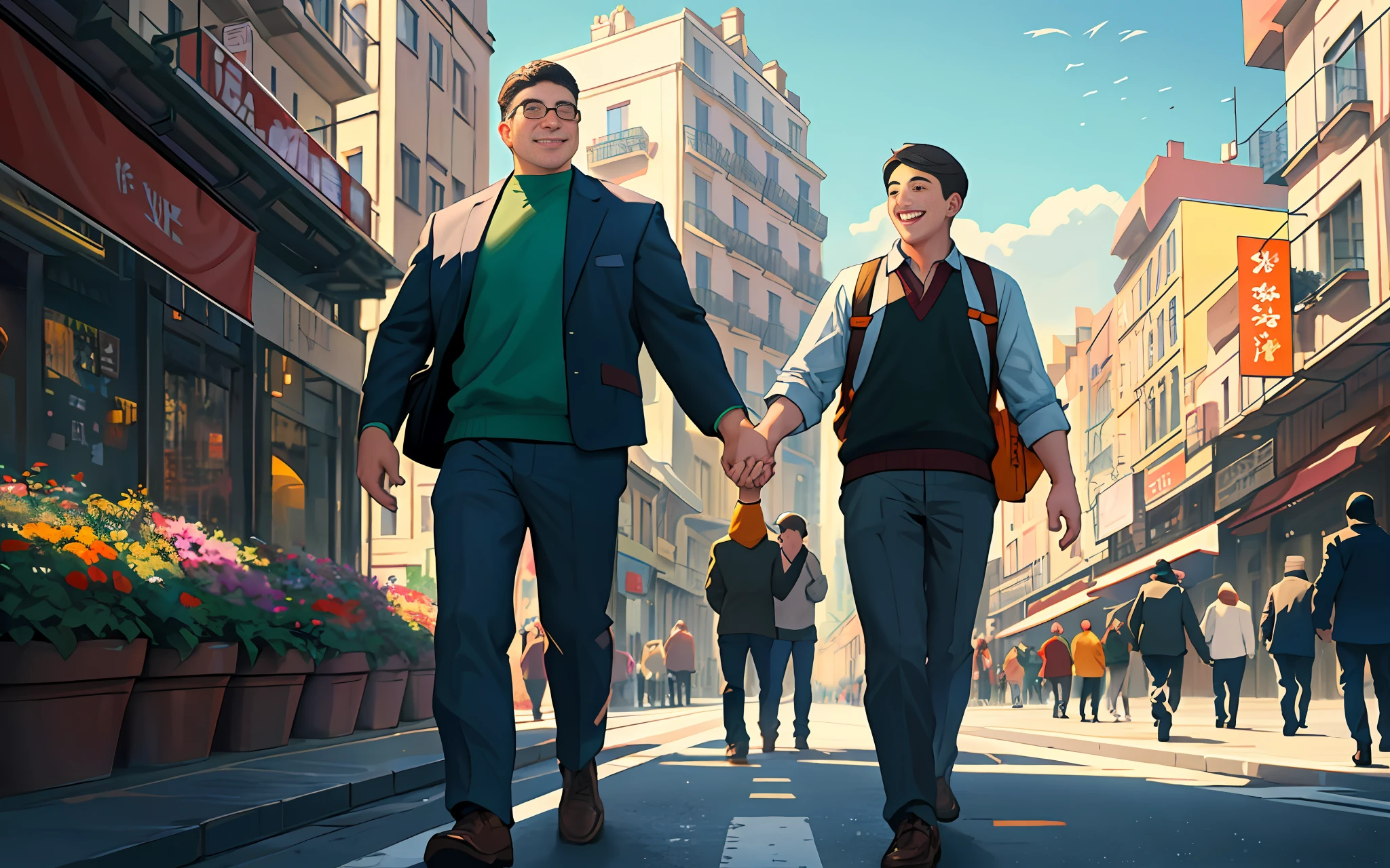 Two happy men holding hands in the bustling streets of a big city, centered subjects, sharp focus, natural lighting, vibrant colors, beautiful scene, highly detailed, dynamic composition, correct perspective, good proportions, beautiful sky