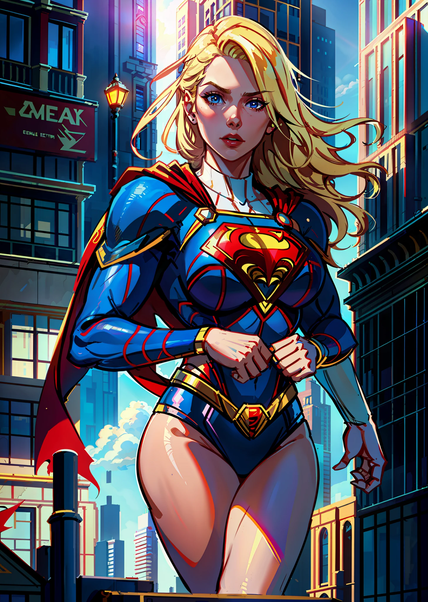 inked, beautiful supergirl shooting in front of a building, blonde hair, red cape, daylight, light from above, day, big building background, volumetric lighting, best quality, masterpiece, intricate, tonemapping, sharp focus, hyper detailed