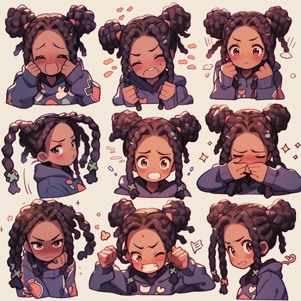 cute girl, emoji pack, 16 emoticons, emoji sheet, multiple poses and expressions, anthropomorphic style, Disney style, black strokes, different emotions,multiple poss and expressions, 8k --niji 5